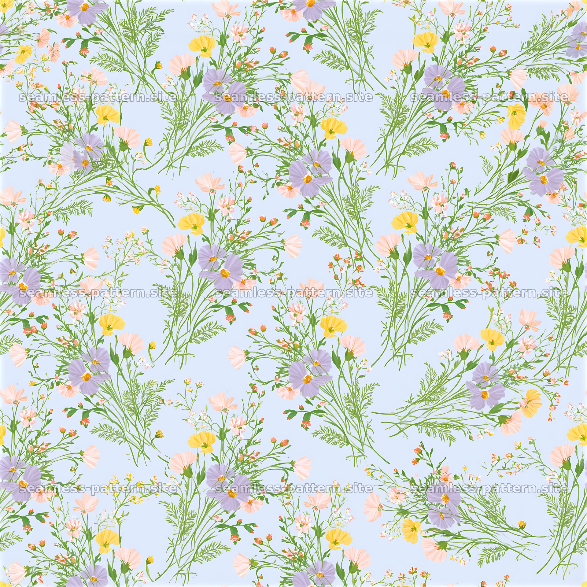 Dense flower repeating pattern with pastel blooms and green stems — seamless tileable pattern at 8192x8192