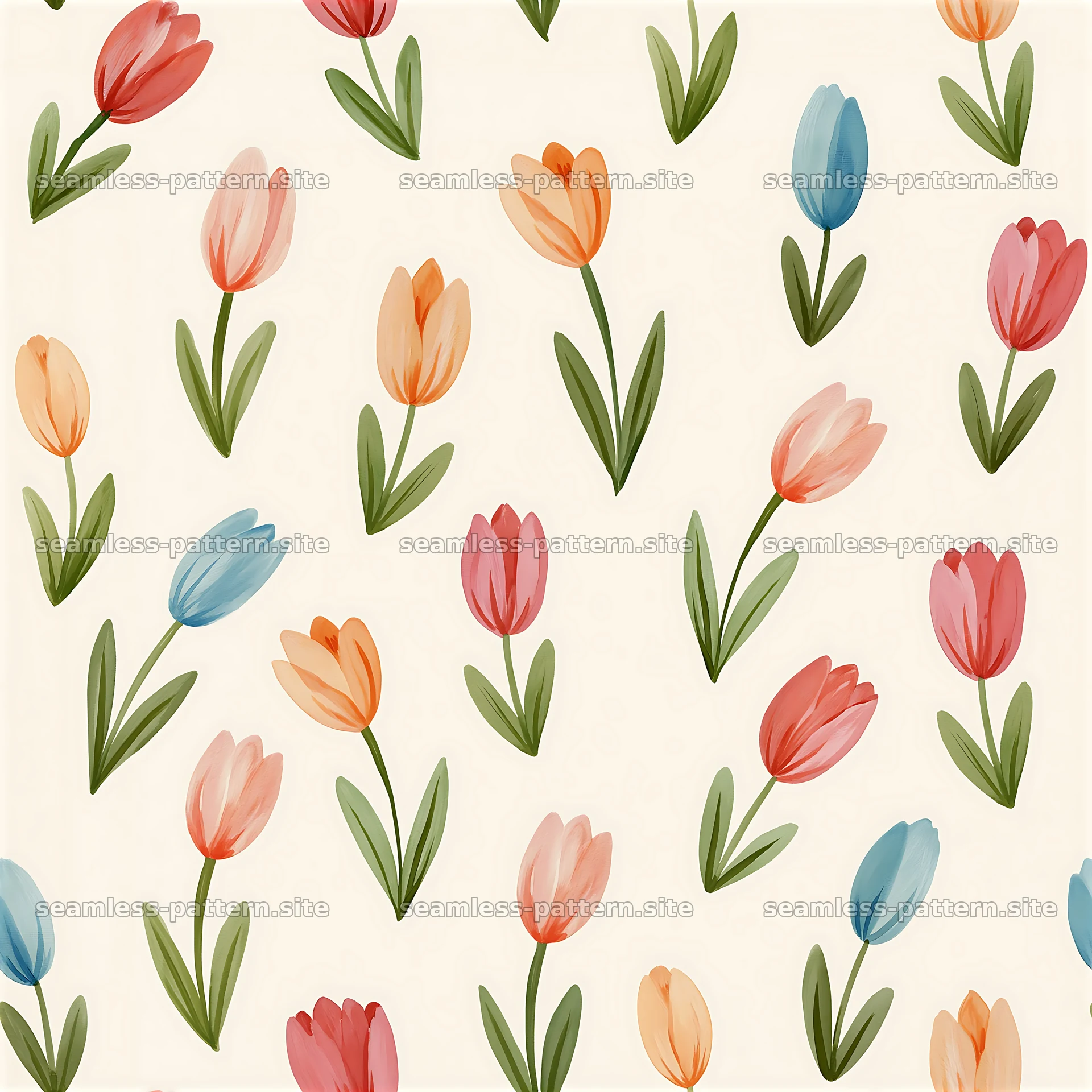 Cute tulips seamless pattern in colorful arrangement on light — seamless tileable pattern at 8192x8192
