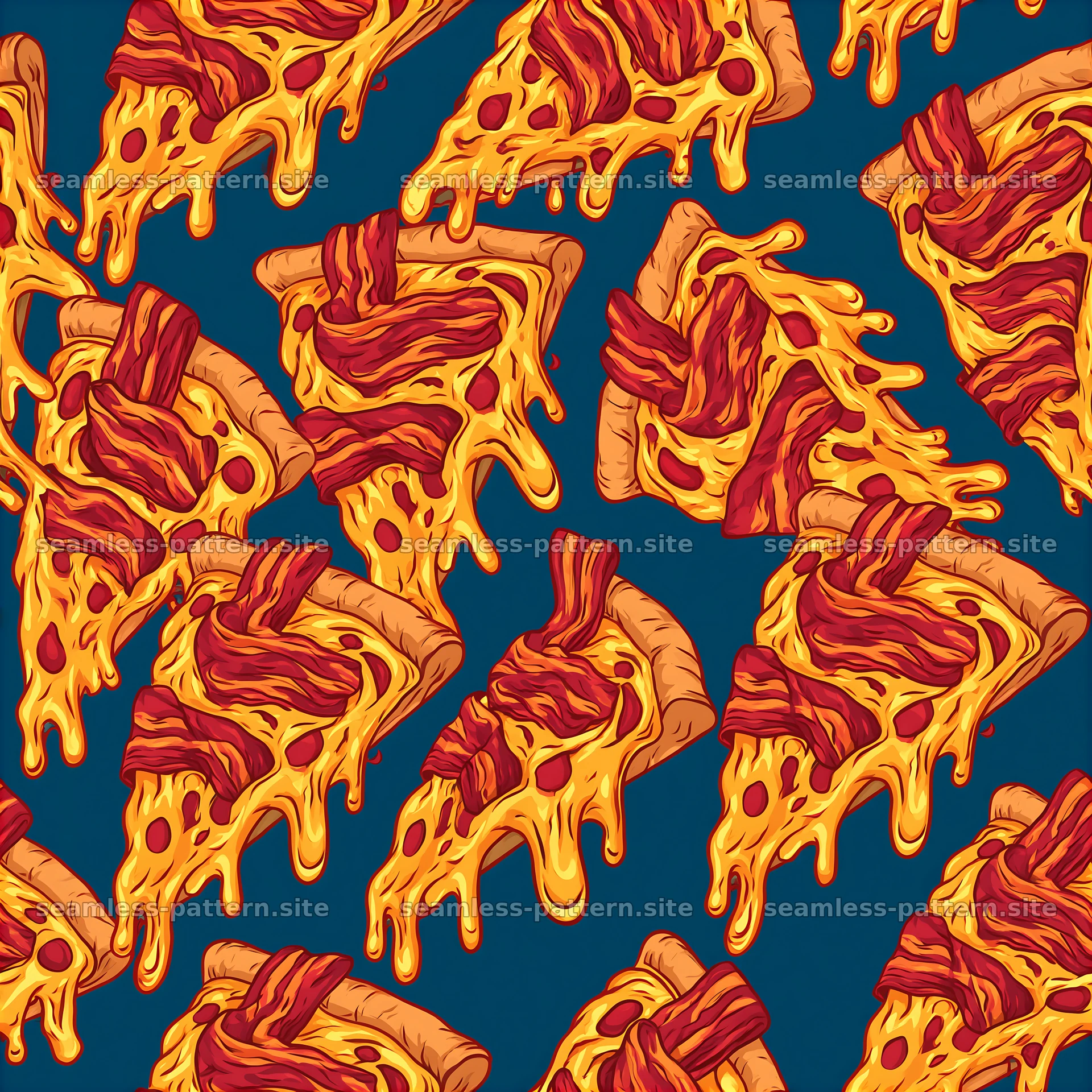 Colorful seamless pizza and bacon pattern for fun designs — seamless tileable pattern at 8192x8192