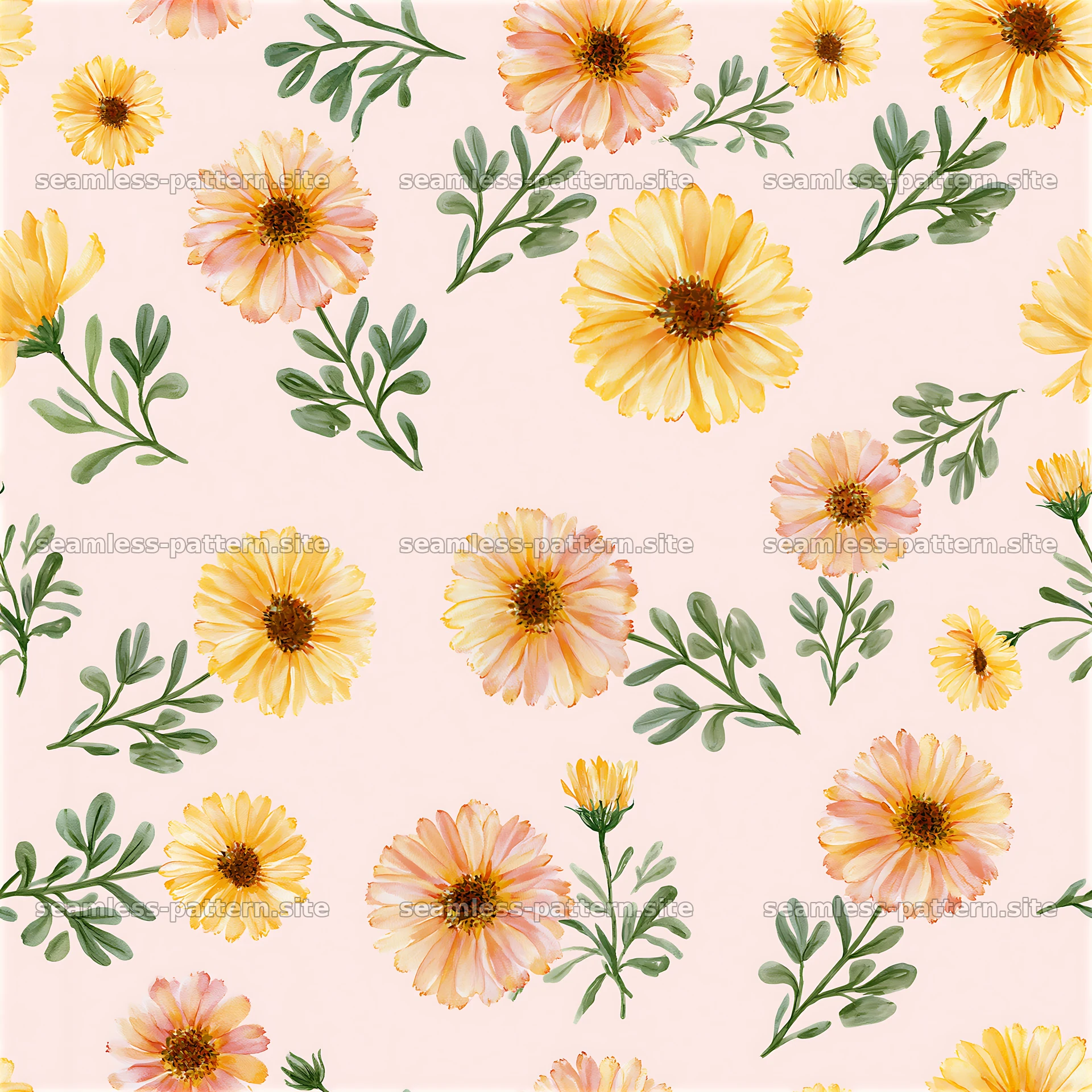 Seamless watercolor calendula pattern with yellow flowers and green leaves — seamless tileable pattern at 8192x8192