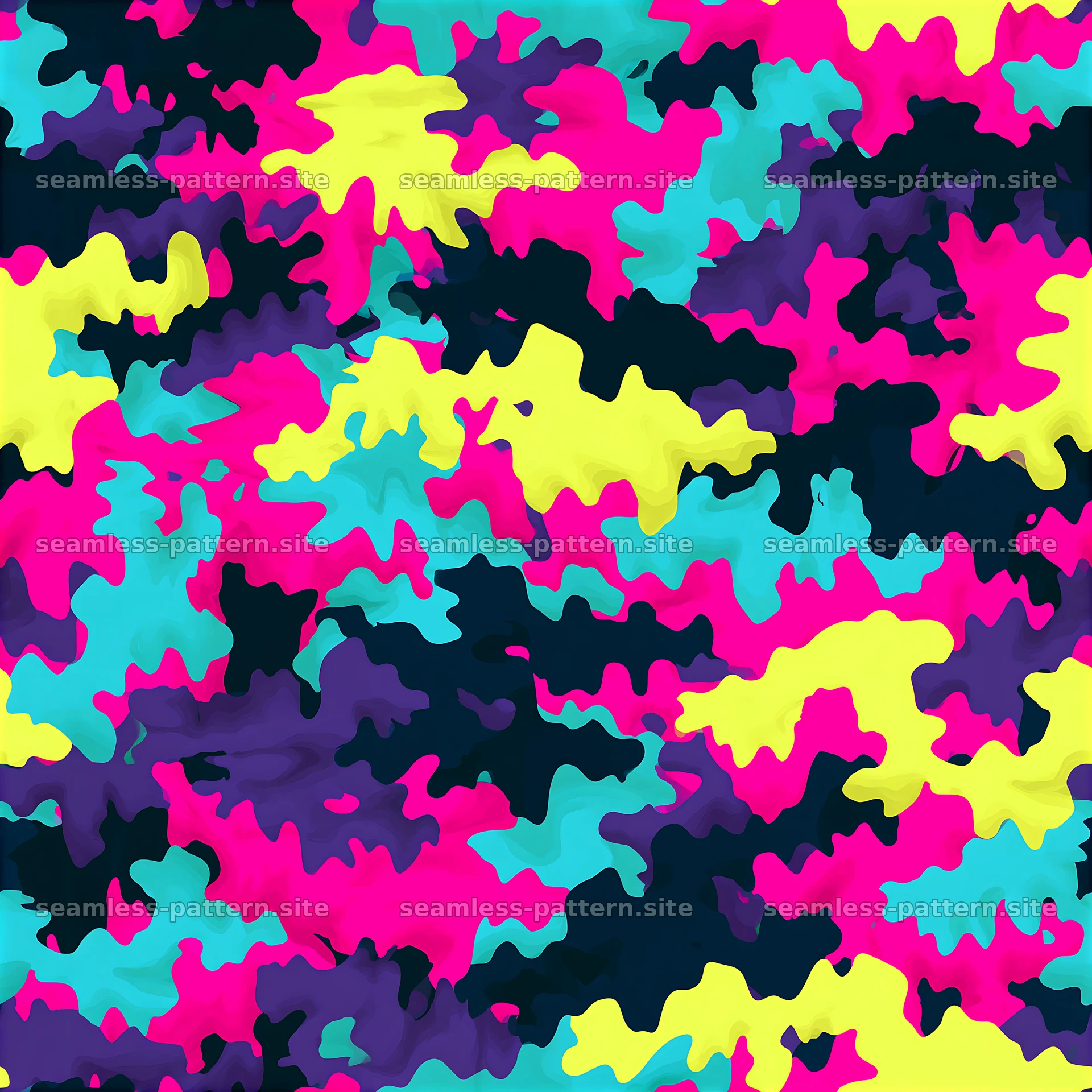 Neon camouflage seamless texture with vibrant color mix — seamless tileable pattern at 8192x8192