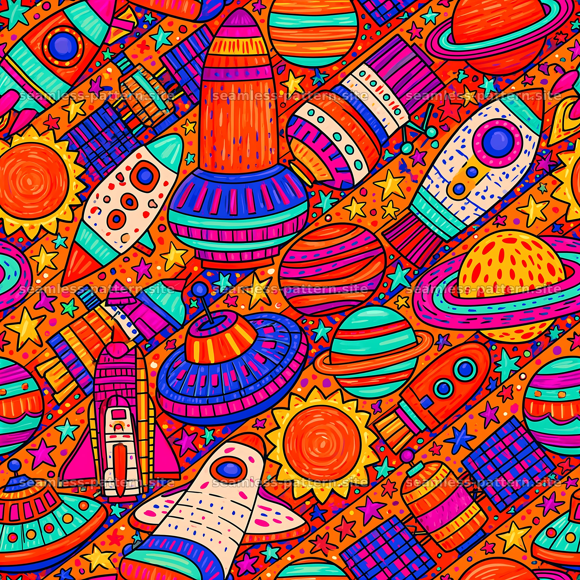 Colorful Space Seamless Pattern with Rockets and Planets — seamless tileable pattern at 8192x8192