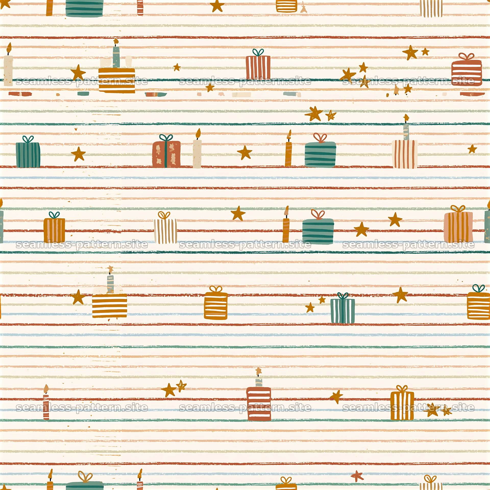 Birthday striped repeat pattern with cakes, gifts, and stars — seamless tileable pattern at 8192x8192