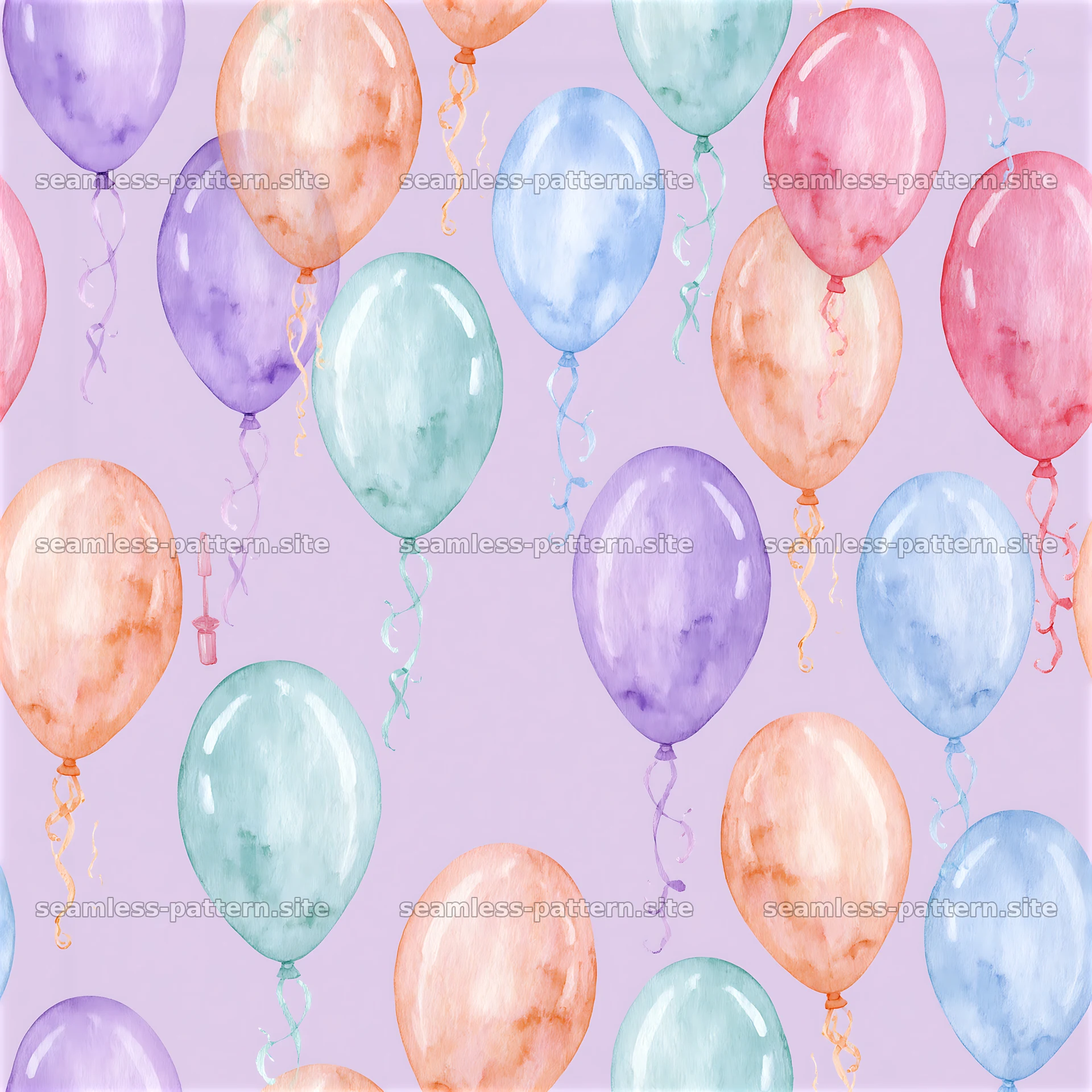 Watercolor balloons with ribbons create a colorful seamless pattern — seamless tileable pattern at 8192x8192