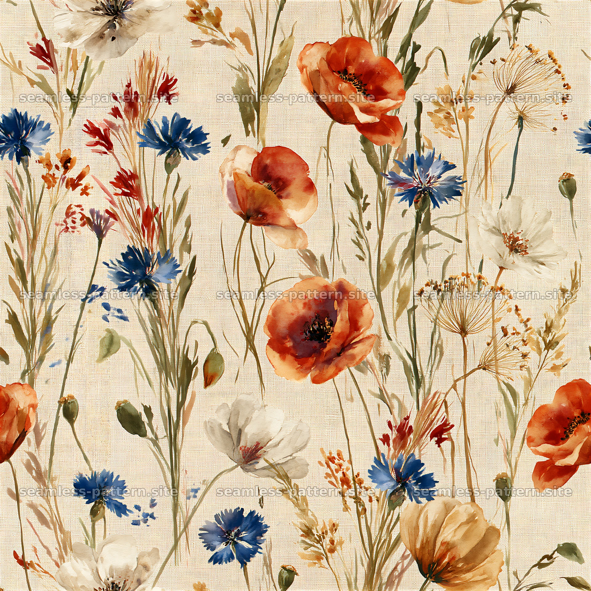 Watercolor floral repeating pattern with red and blue flowers on beige — seamless tileable pattern at 8192x8192