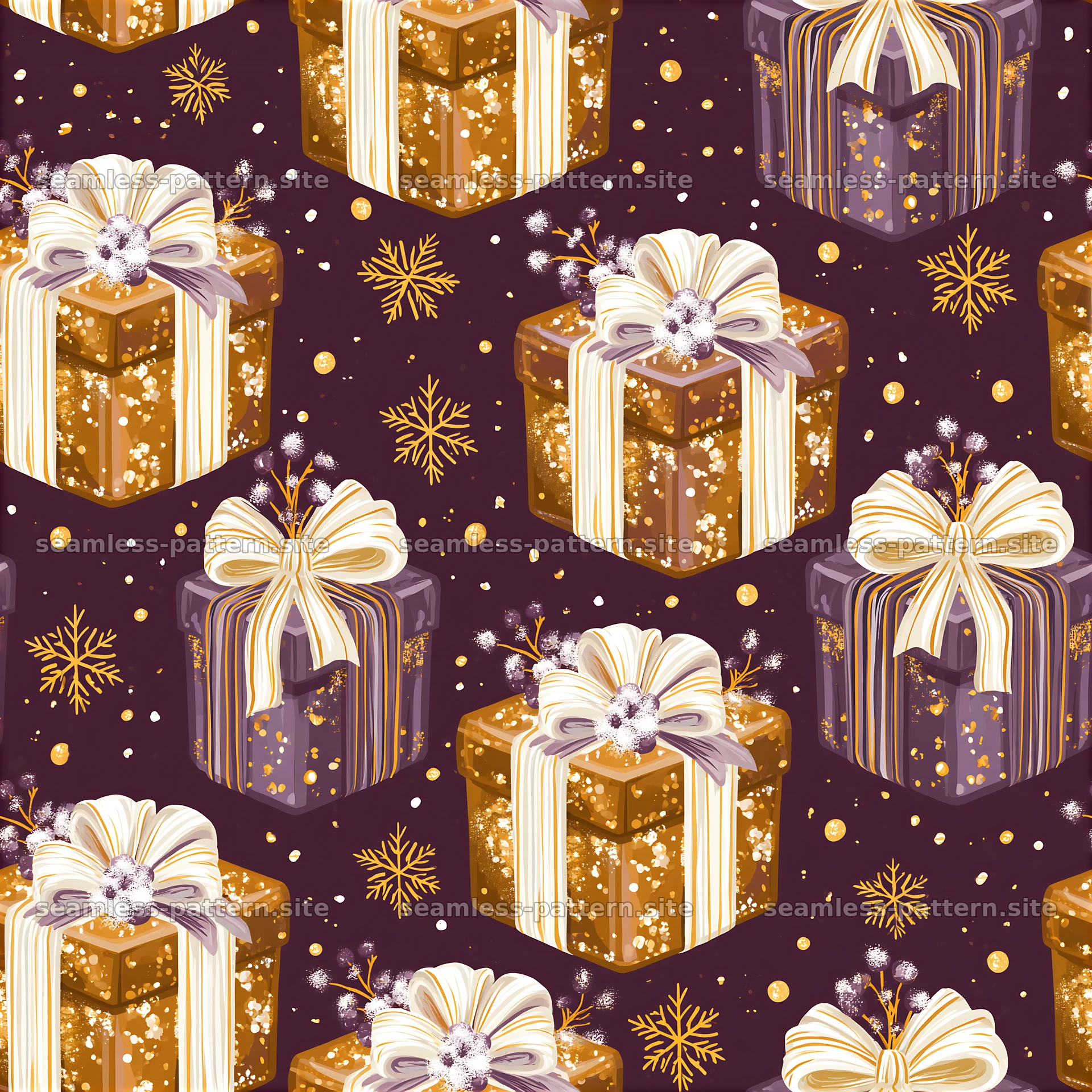 Colorful gifts arranged in a repeating pattern on a dark background — seamless tileable pattern at 8192x8192