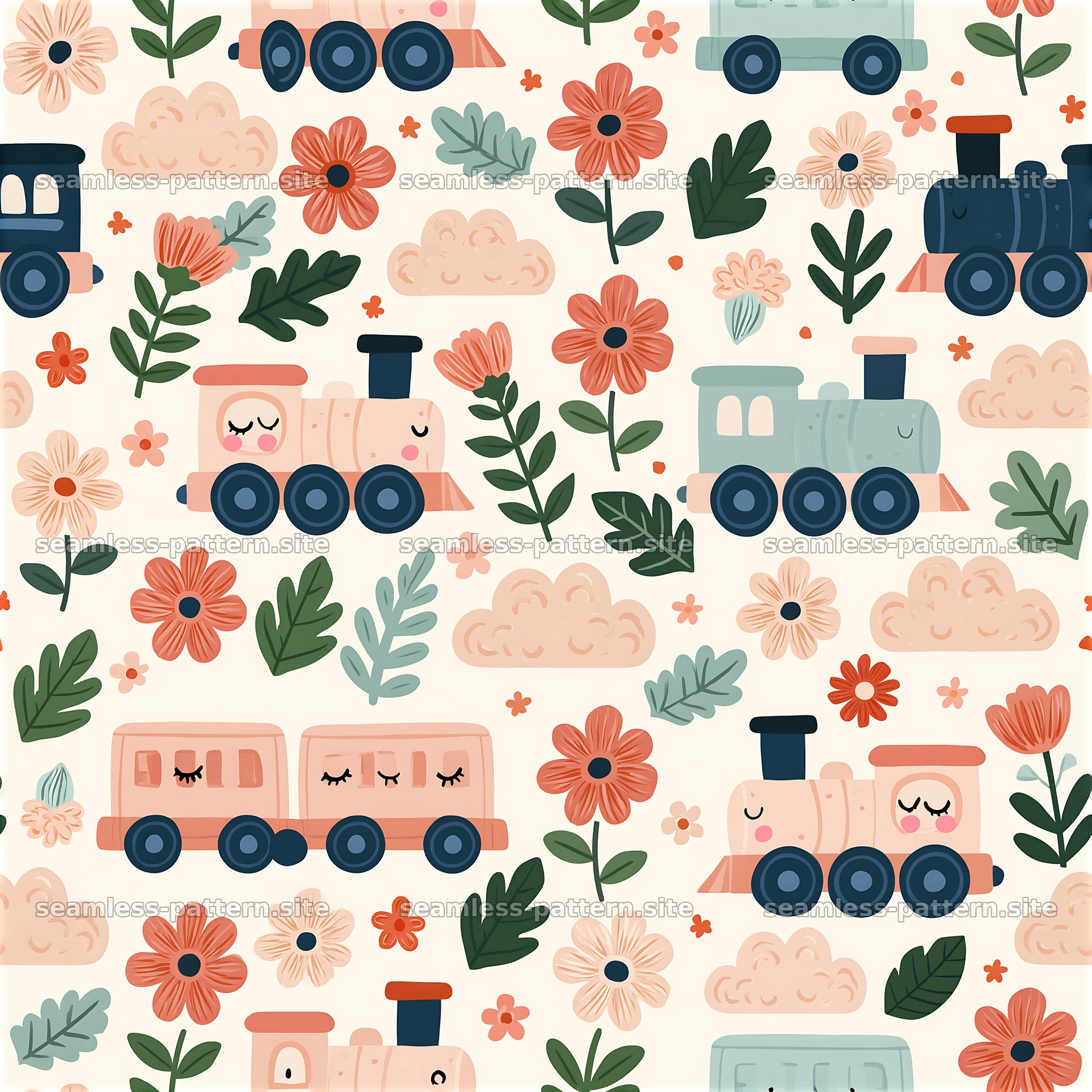 Colorful train seamless pattern with flowers and clouds for kids — seamless tileable pattern at 8192x8192