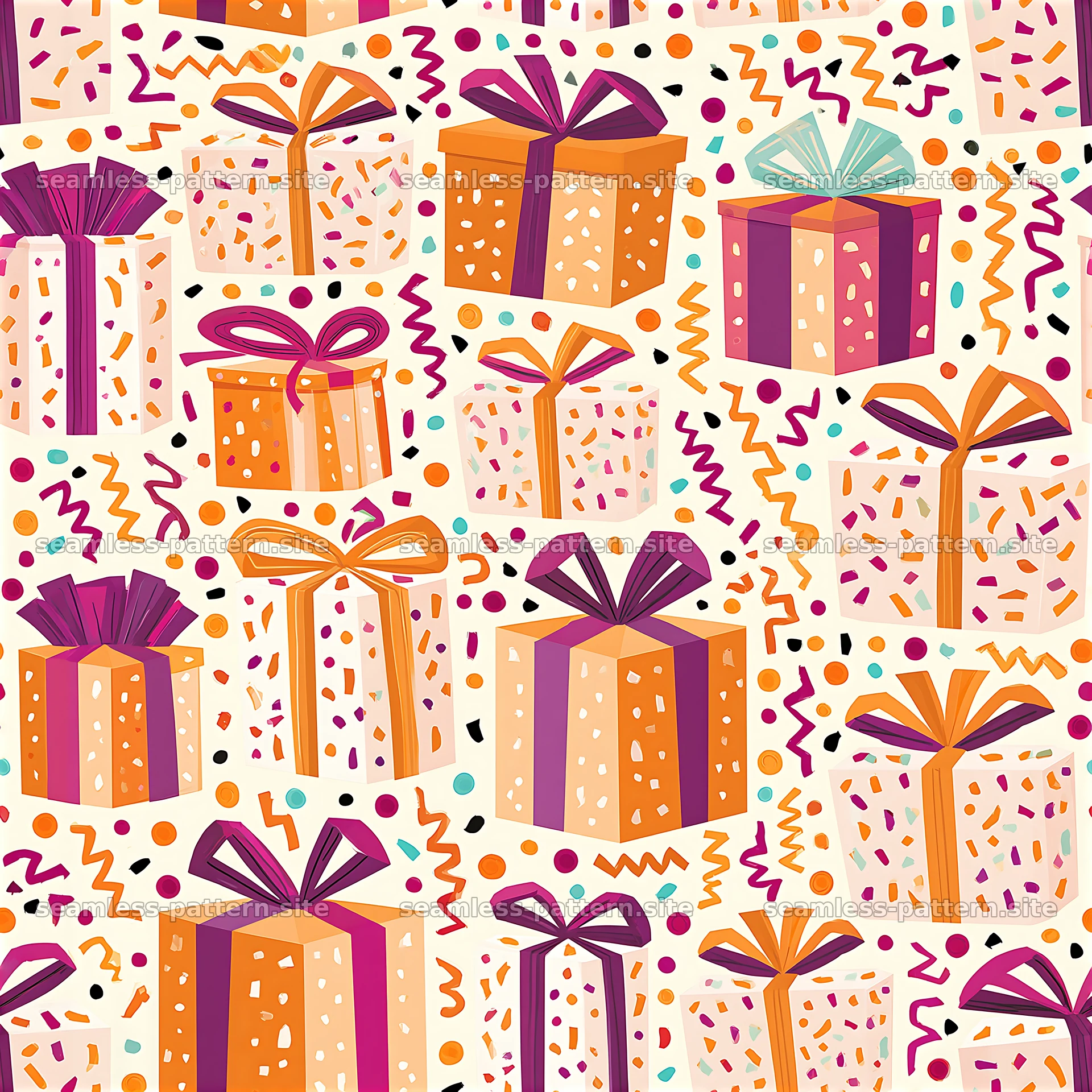 Colorful birthday present and ribbon seamless pattern — seamless tileable pattern at 8192x8192
