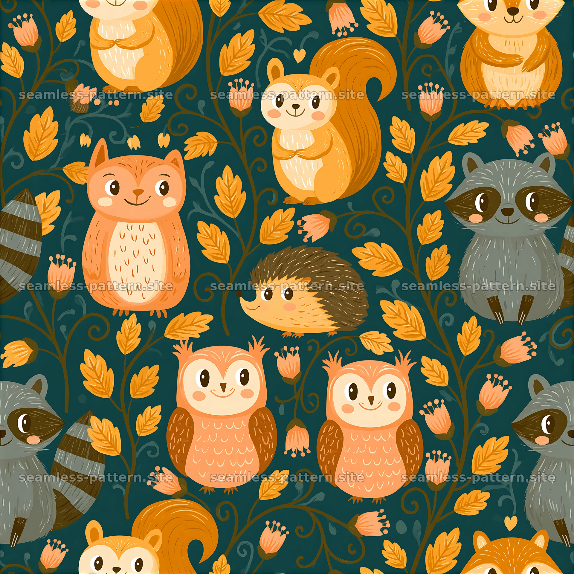 Whimsical woodland creature seamless pattern for kids with animals — seamless tileable pattern at 8192x8192