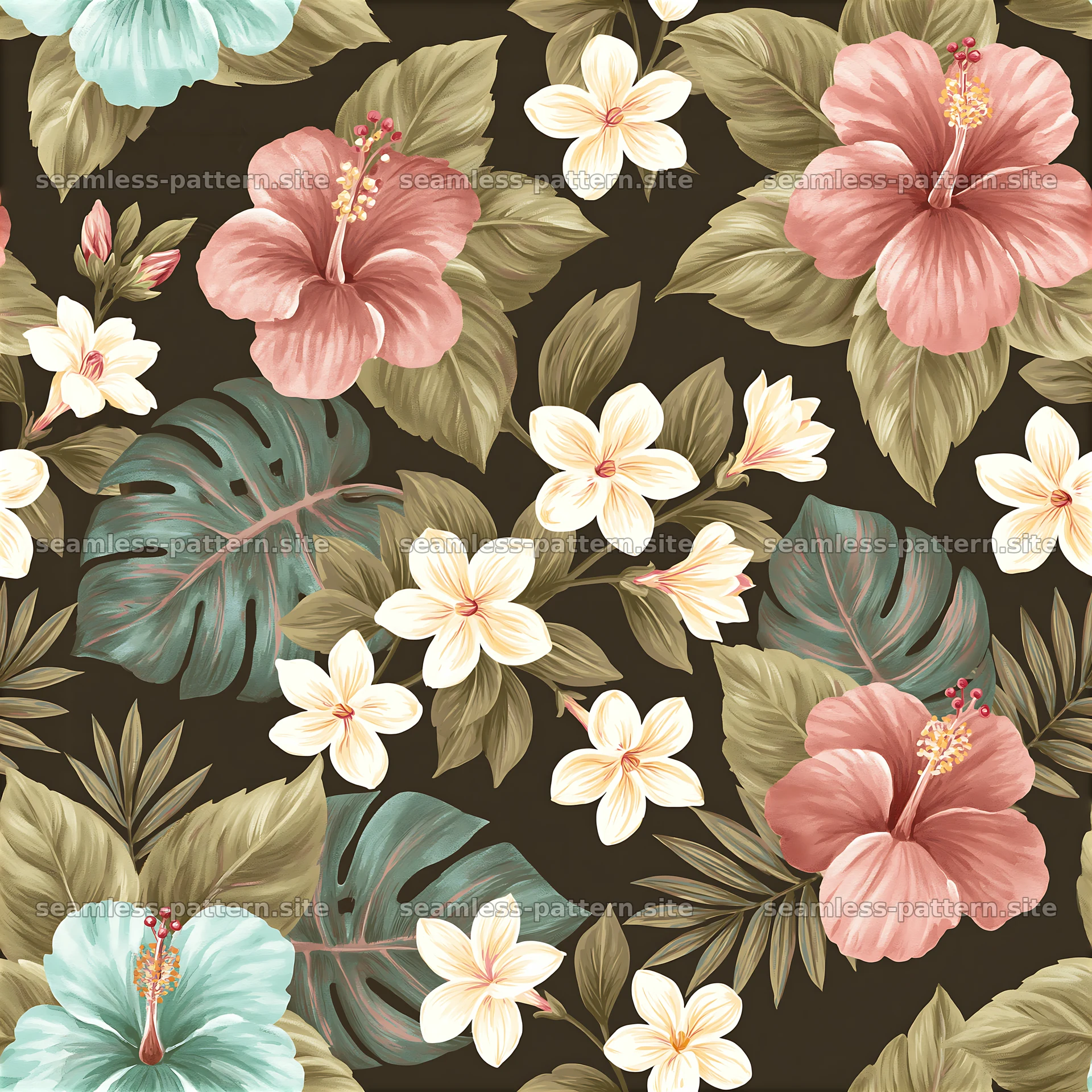Tropical flower tileable pattern with hibiscus and leaves on dark — seamless tileable pattern at 8192x8192