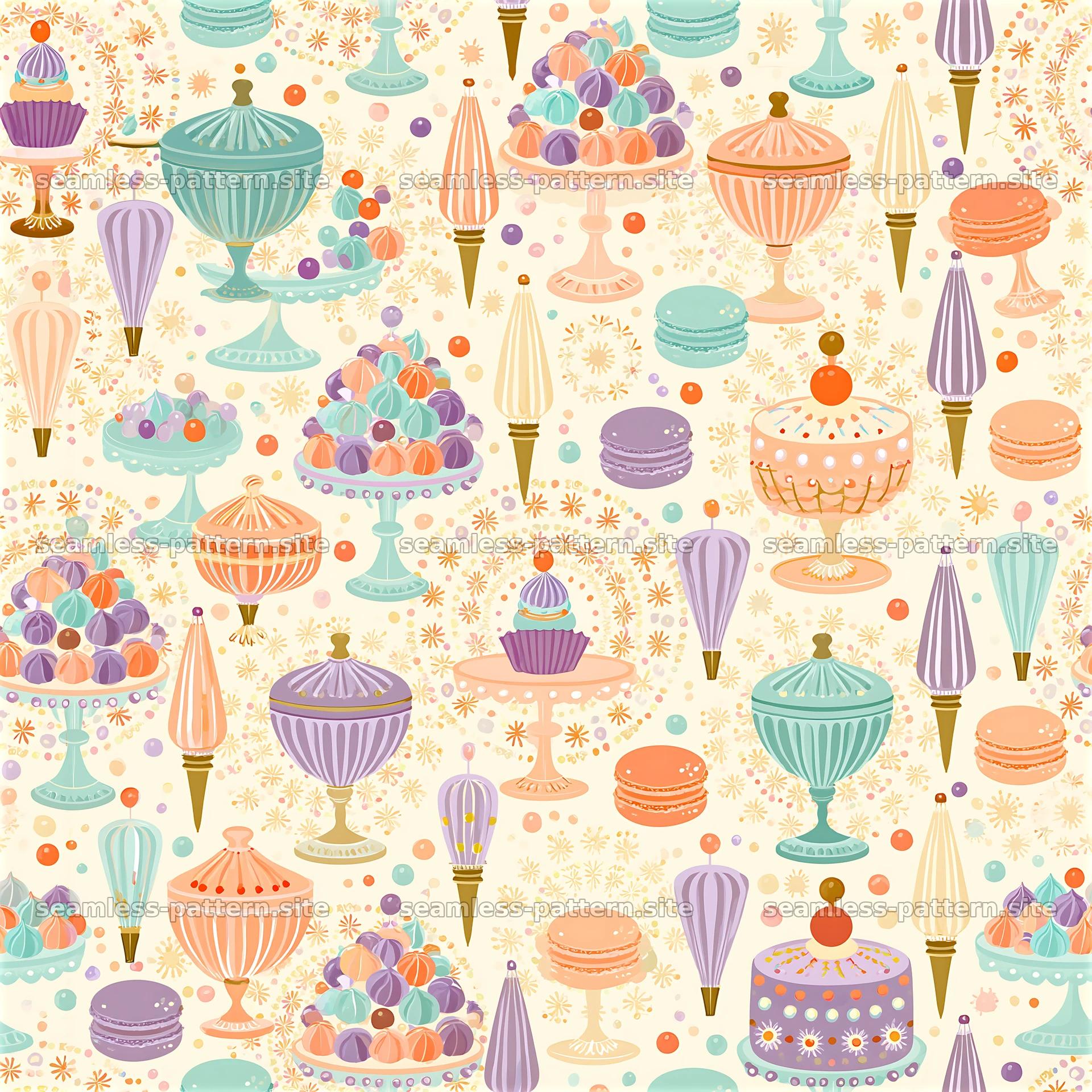 Colorful dessert display with cakes and sweets in seamless pattern — seamless tileable pattern at 8192x8192