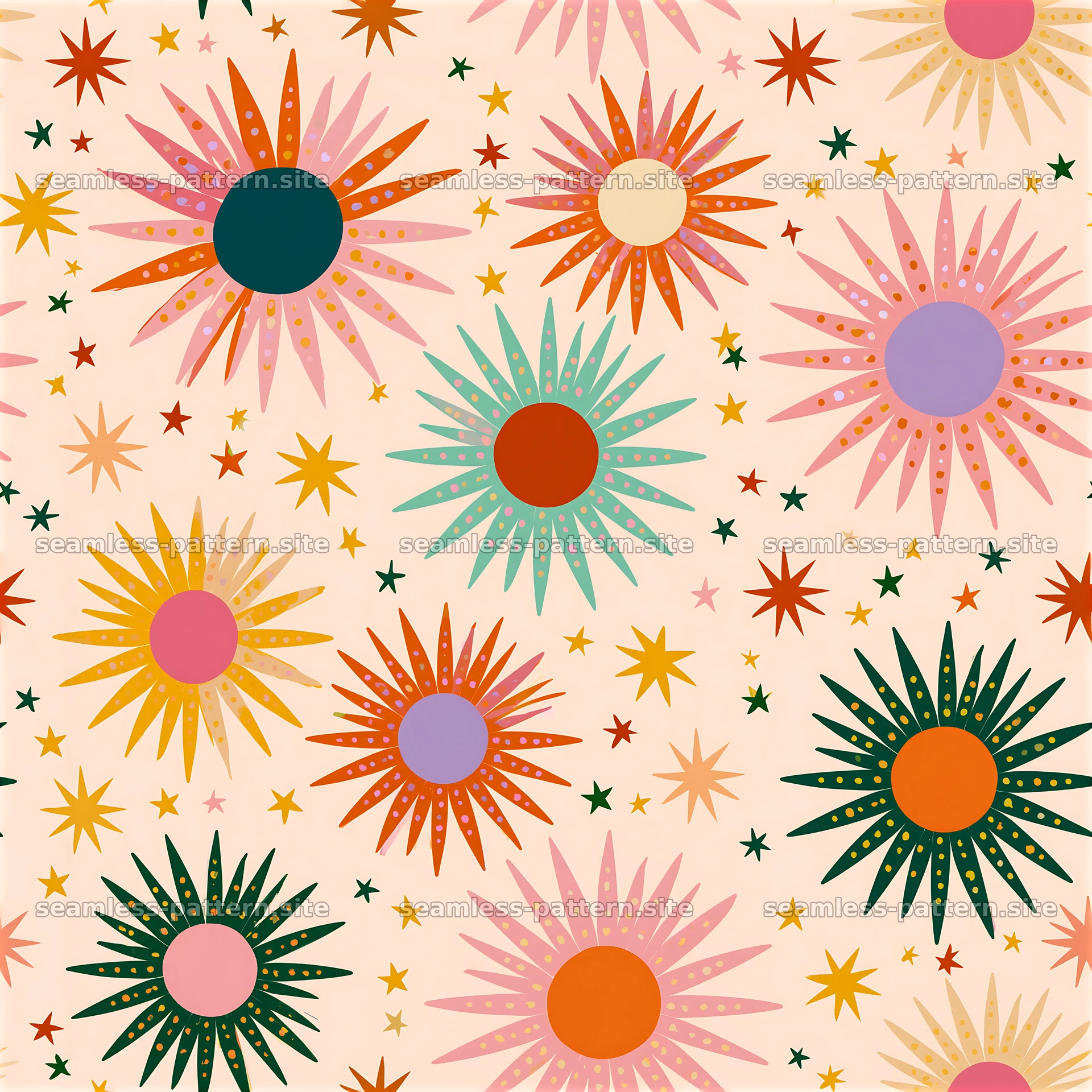 Colorful sun and star seamless pattern for design projects — seamless tileable pattern at 8192x8192
