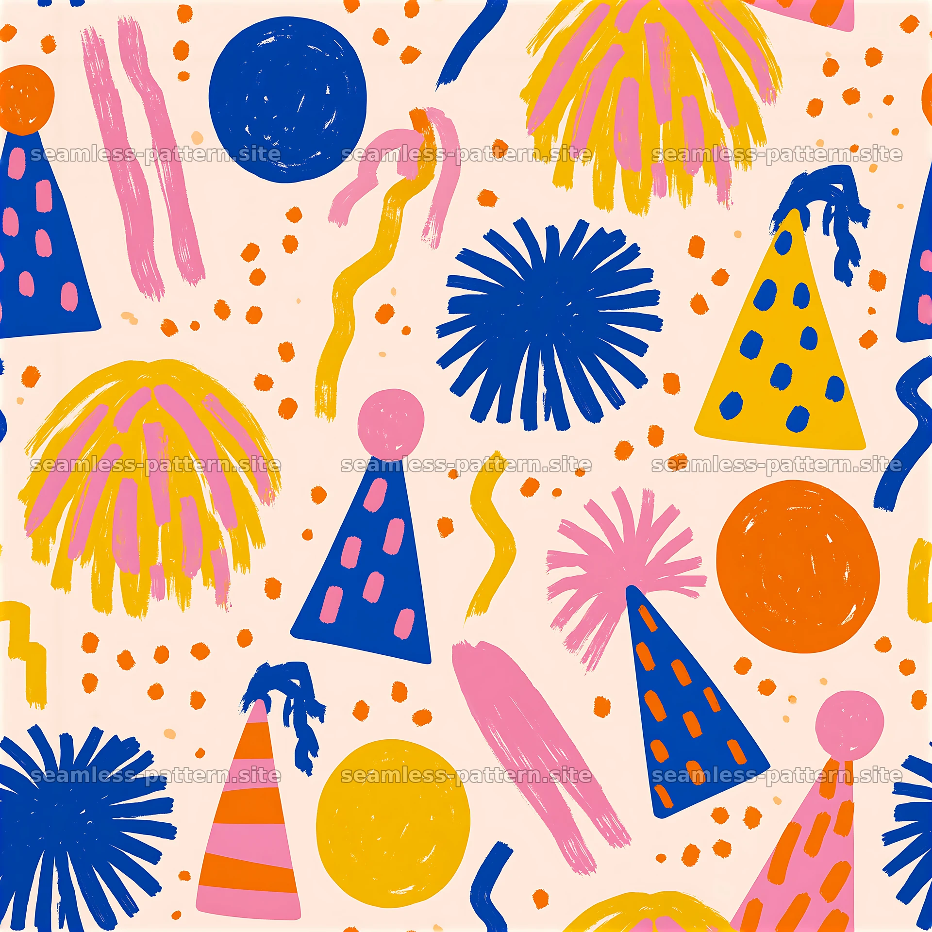 Birthday hand-drawn seamless pattern with party elements and shapes — seamless tileable pattern at 8192x8192