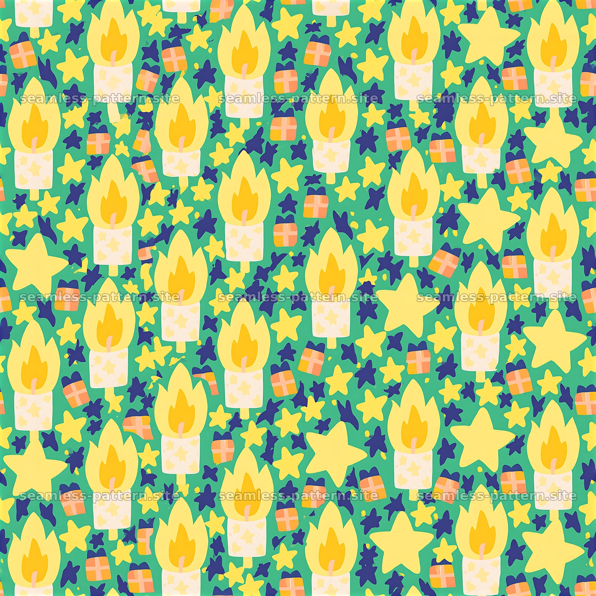 Bright birthday candle and star seamless pattern design — seamless tileable pattern at 8192x8192