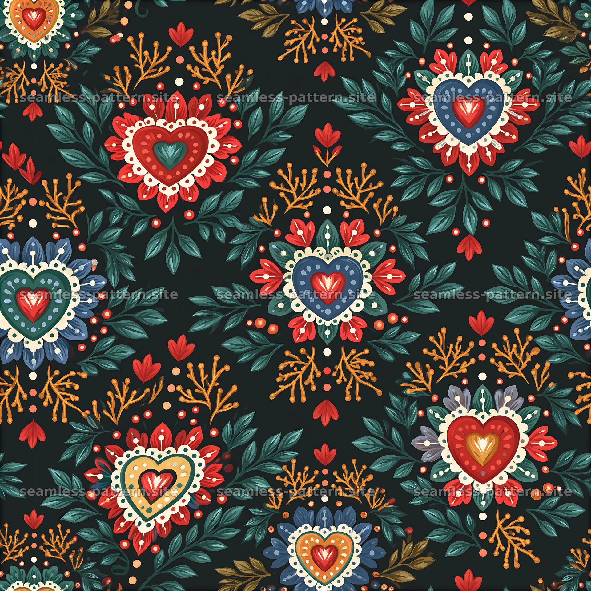 Seamless folk art heart and floral pattern — seamless tileable pattern at 8192x8192