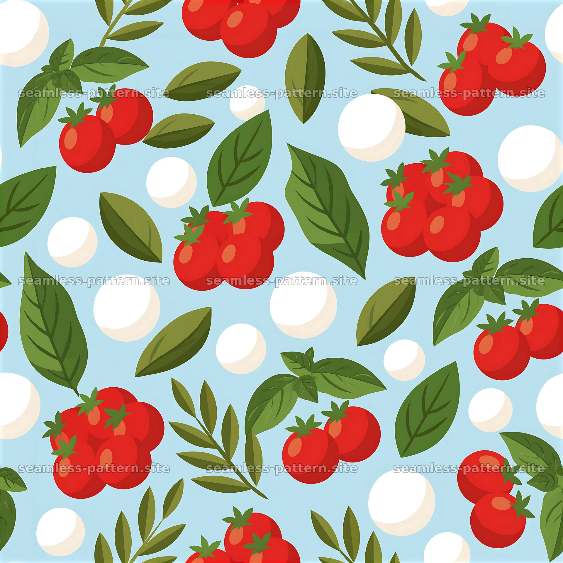 Seamless tomato, basil and mozzarella pattern — seamless tileable pattern at 8192x8192