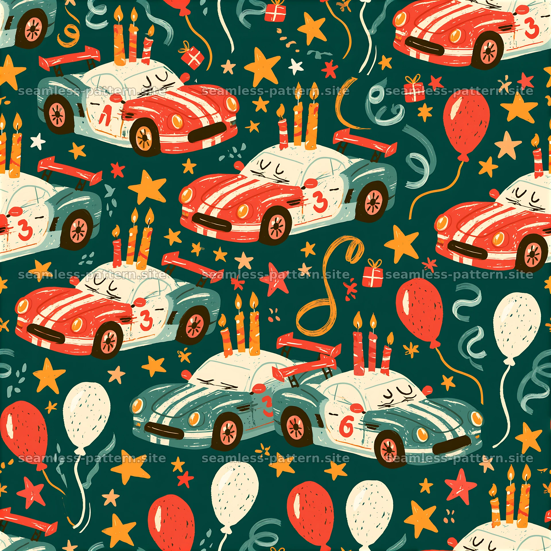 Colorful race cars with balloons and stars in a playful arrangement — seamless tileable pattern at 8192x8192