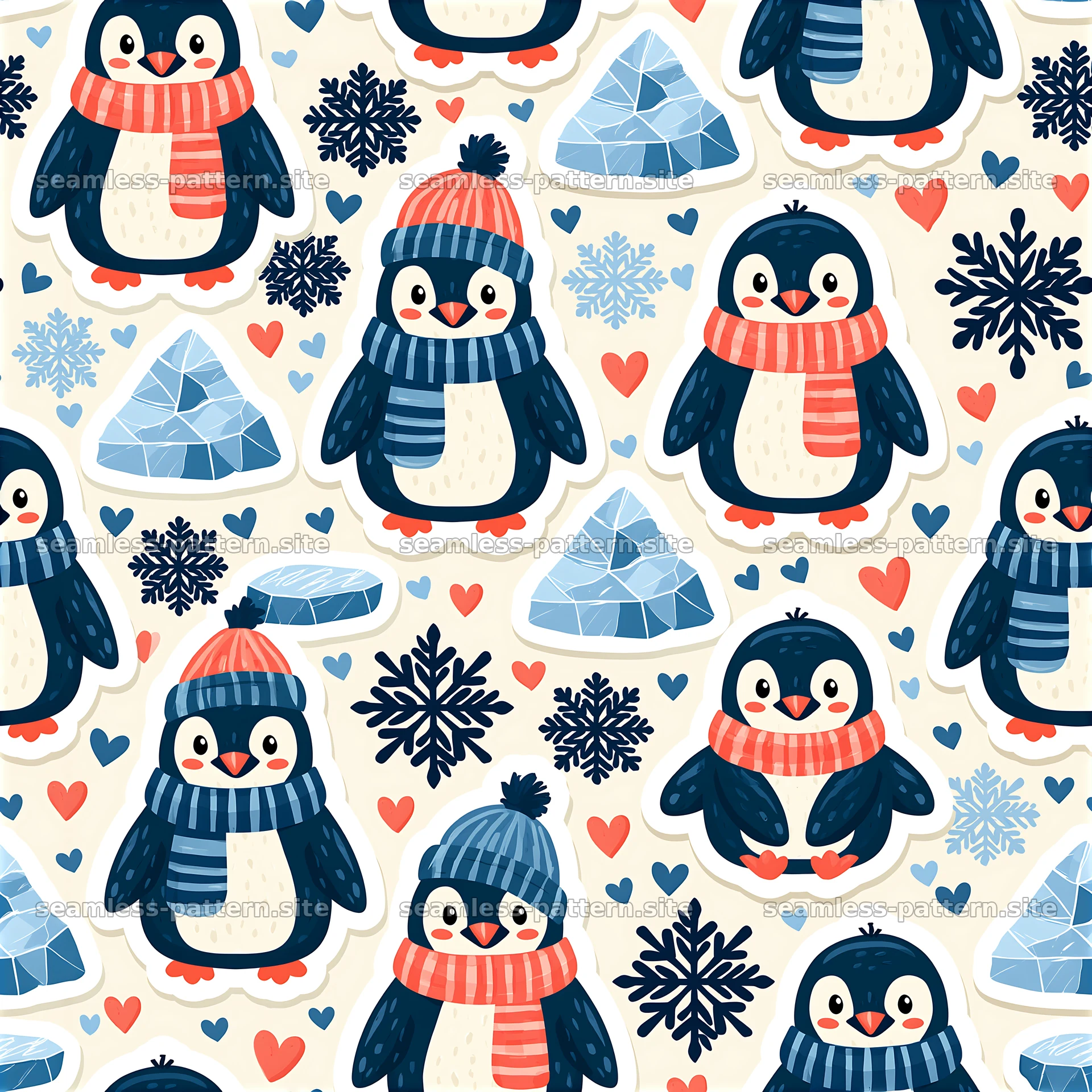Cute charming sticker-style seamless pattern of penguins and ice — seamless tileable pattern at 8192x8192