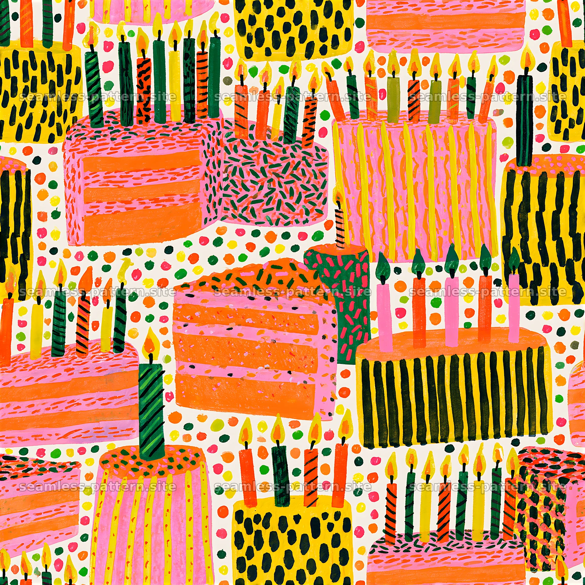 Colorful Birthday Cakes and Candles Seamless Pattern — seamless tileable pattern at 8192x8192