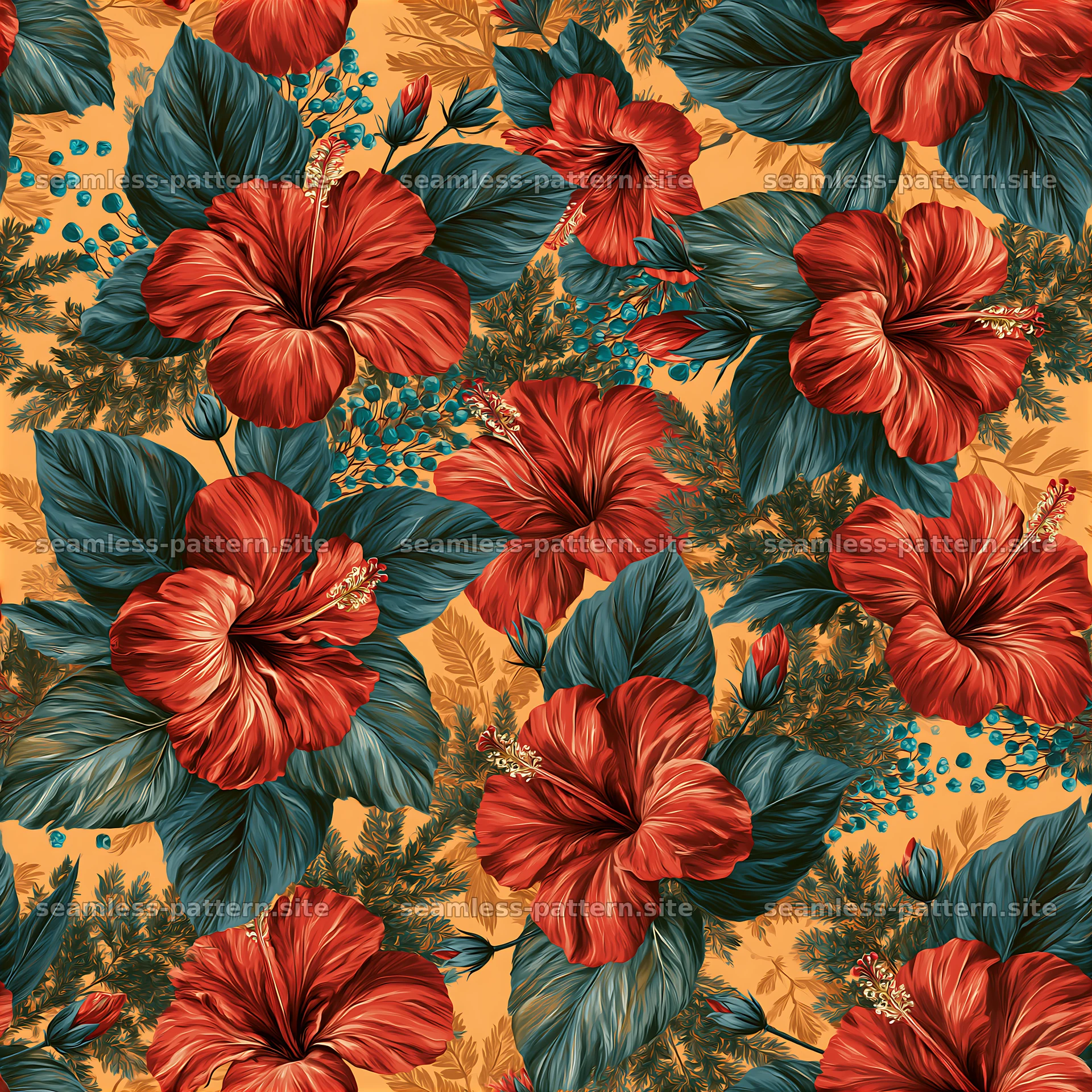 Tropical hibiscus seamless pattern for vibrant textile designs — seamless tileable pattern at 8192x8192