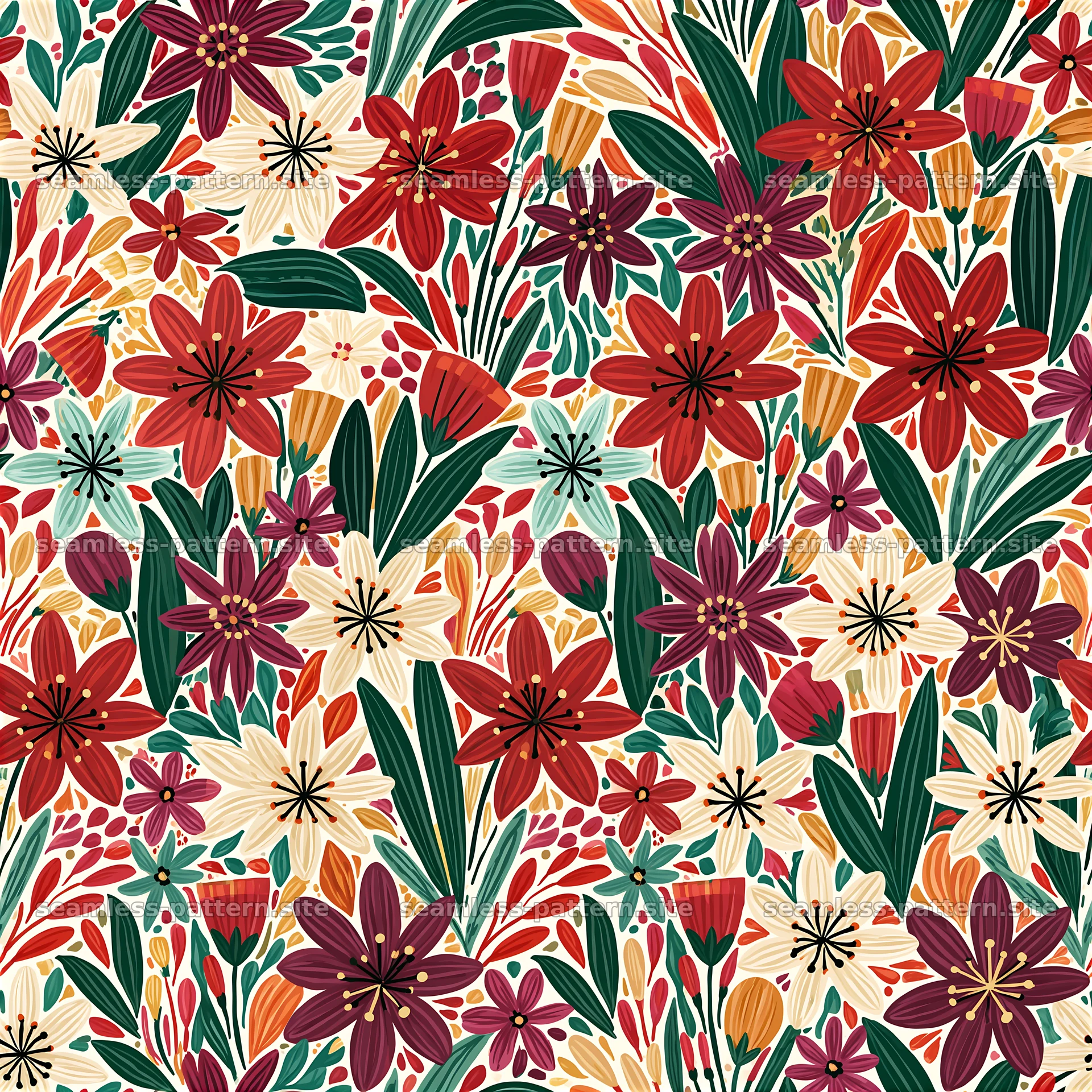 Colorful floral design with diverse shapes and shades — seamless tileable pattern at 8192x8192