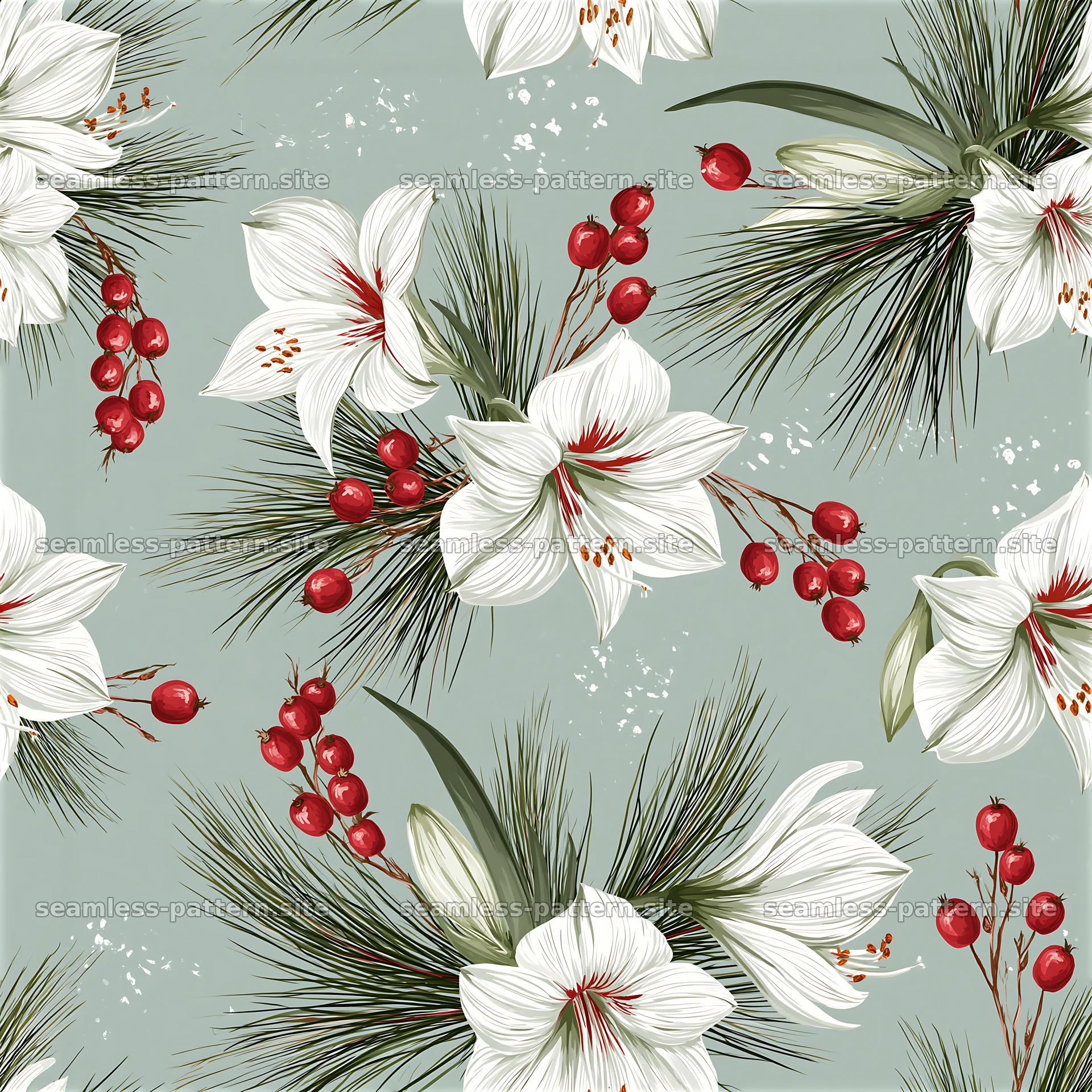 Elegant Christmas Floral and Pine Berry Seamless Pattern — seamless tileable pattern at 8192x8192