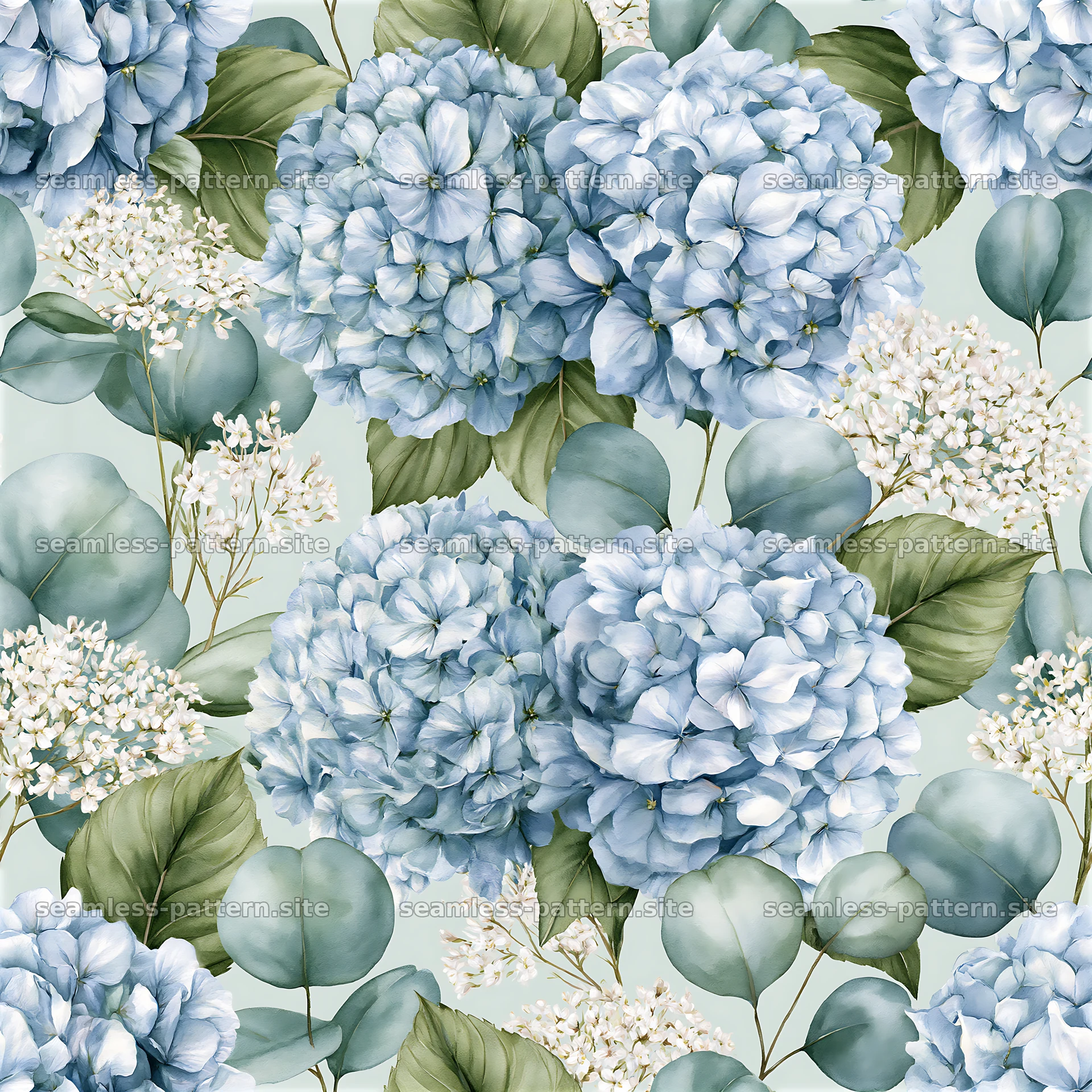 Seamless watercolor flower and leaf pattern with blue hydrangeas — seamless tileable pattern at 8192x8192