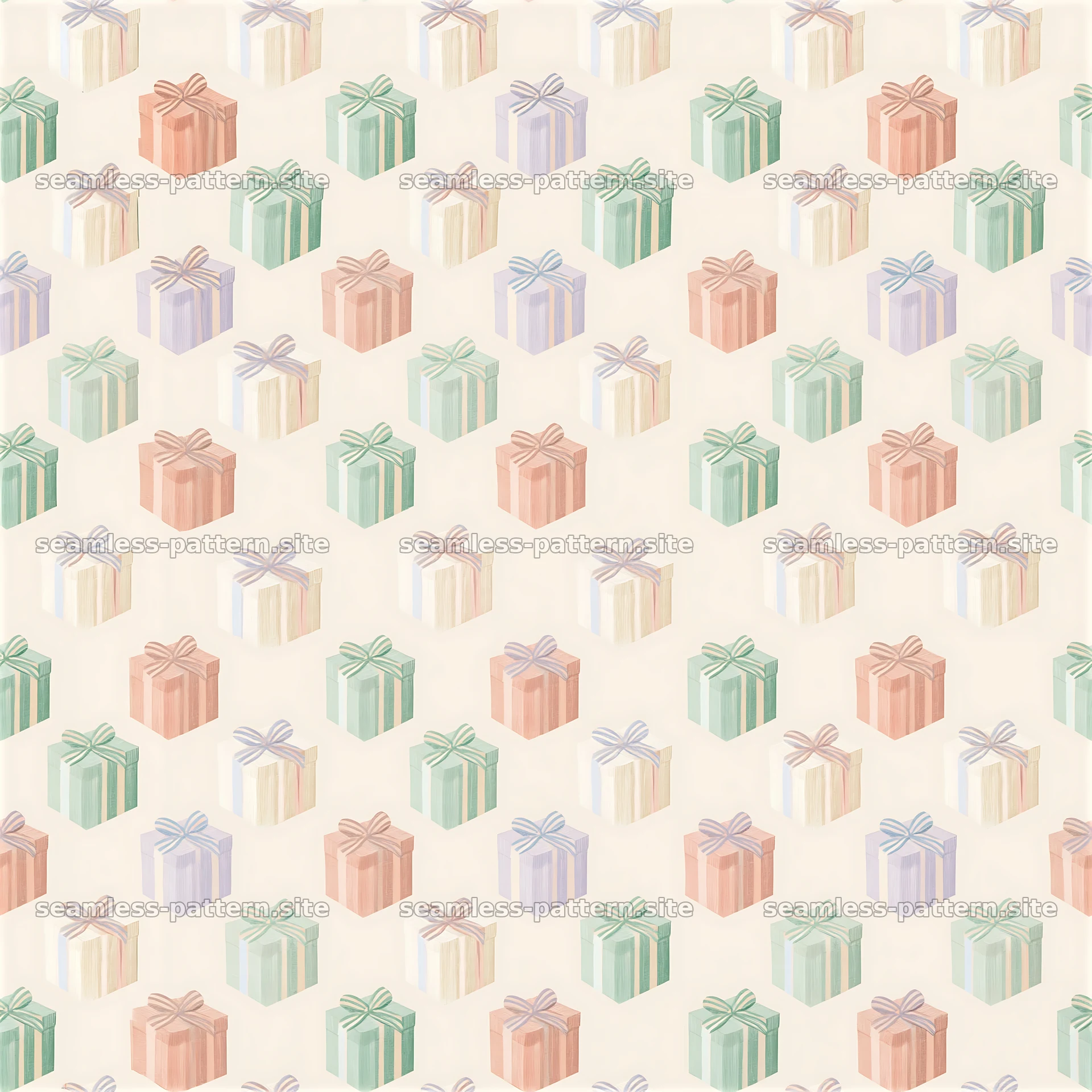 Pastel Gift Box Seamless Pattern with Striped Ribbons — seamless tileable pattern at 8192x8192