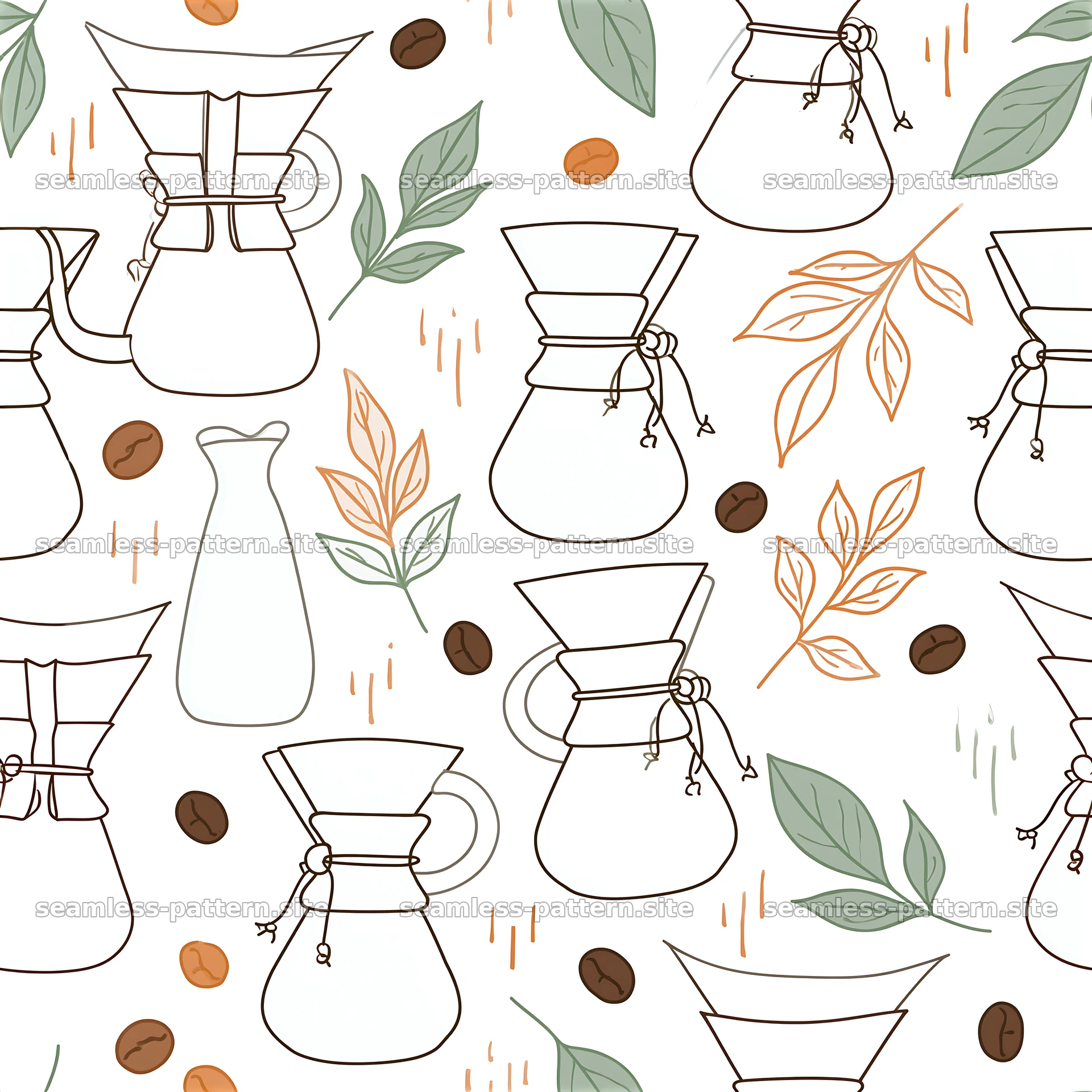 Seamless coffee brewing pattern with coffee pots and leaves — seamless tileable pattern at 8192x8192