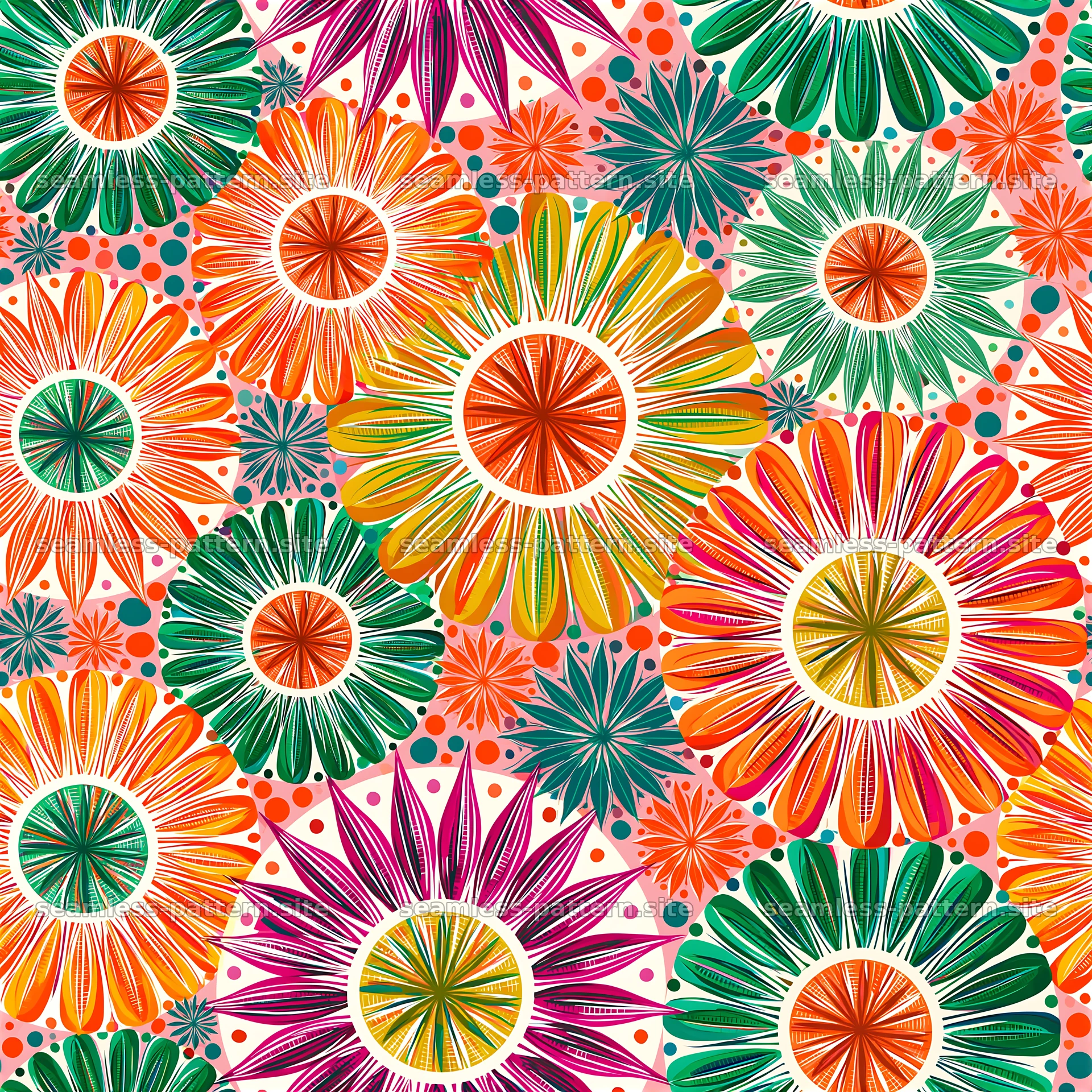 Bright floral seamless pattern with colorful flowers and dots — seamless tileable pattern at 8192x8192