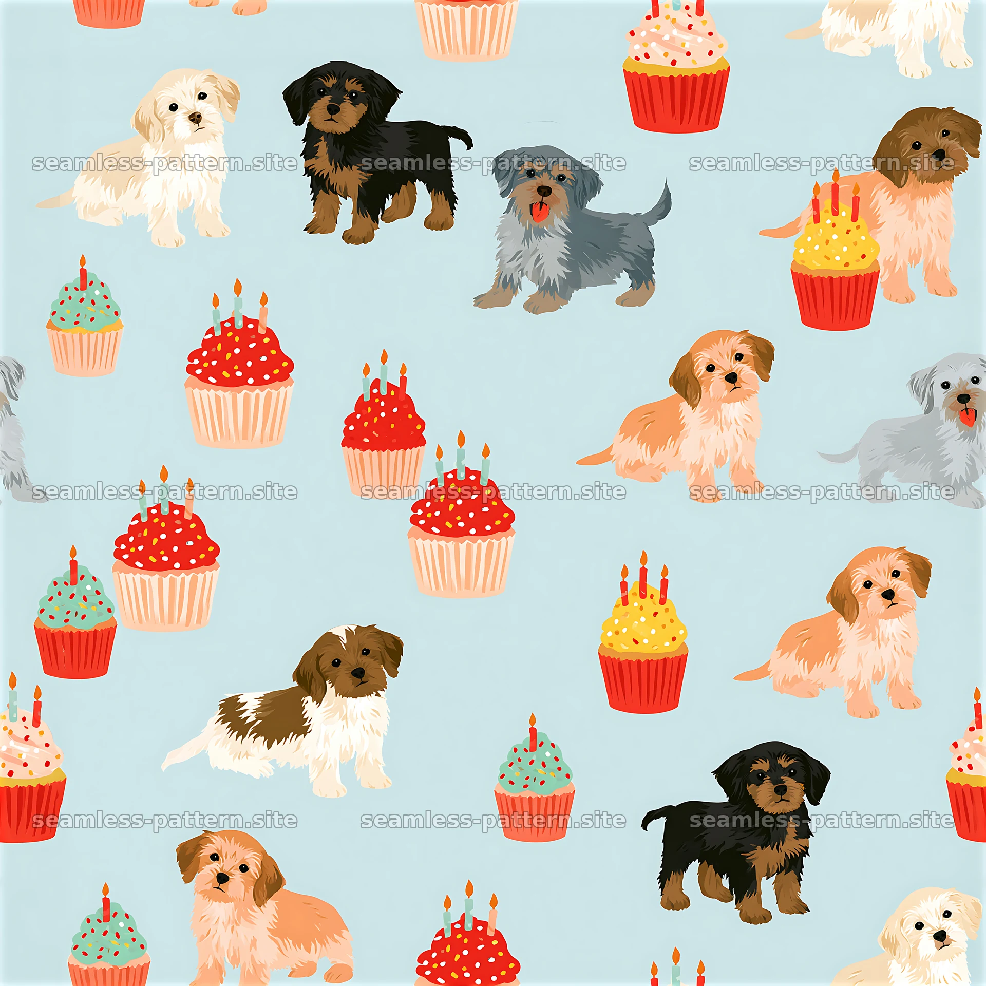 Birthday puppies seamless pattern with cupcakes and colorful — seamless tileable pattern at 8192x8192