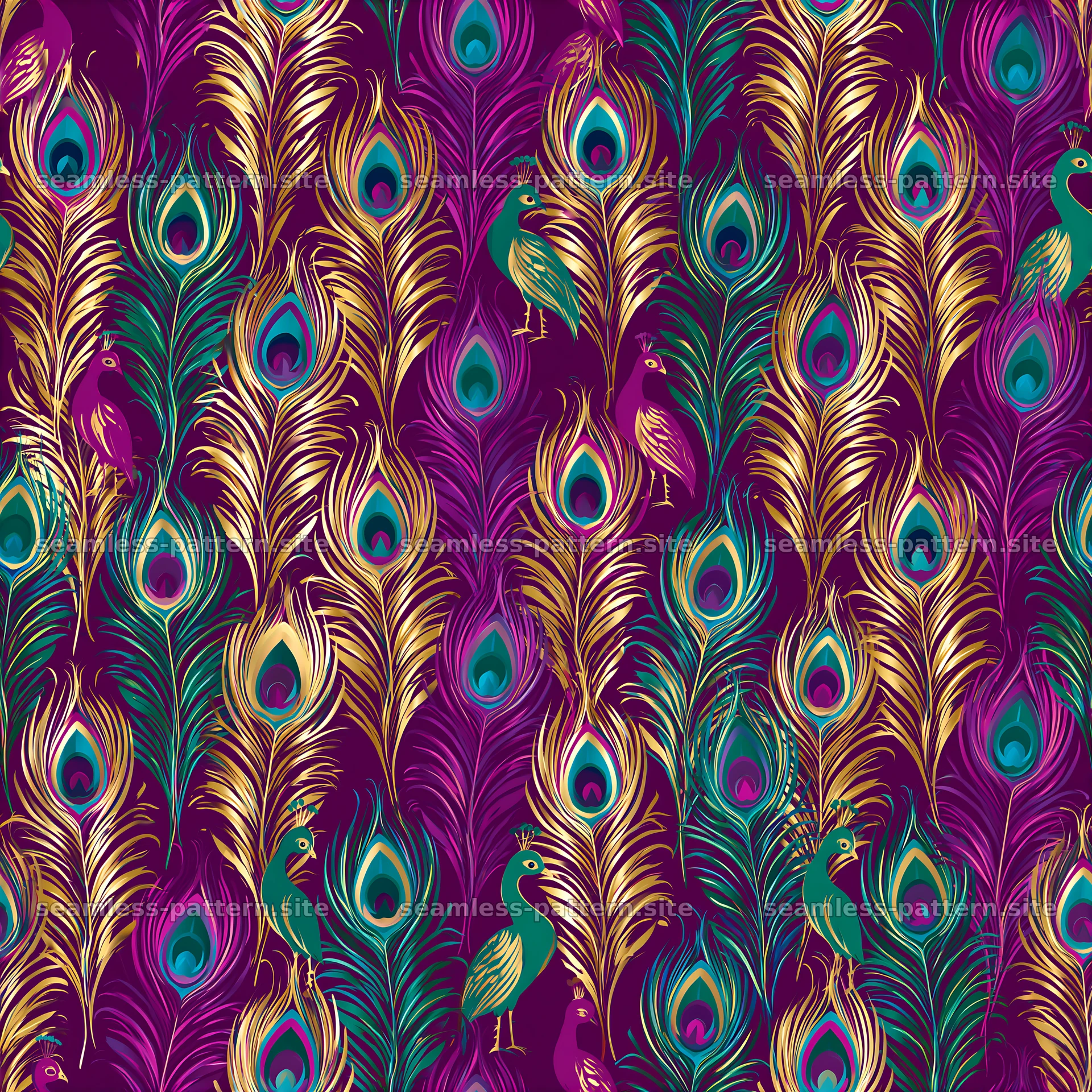 Colorful peacock seamless pattern with bold feathers and vibrant hues — seamless tileable pattern at 8192x8192