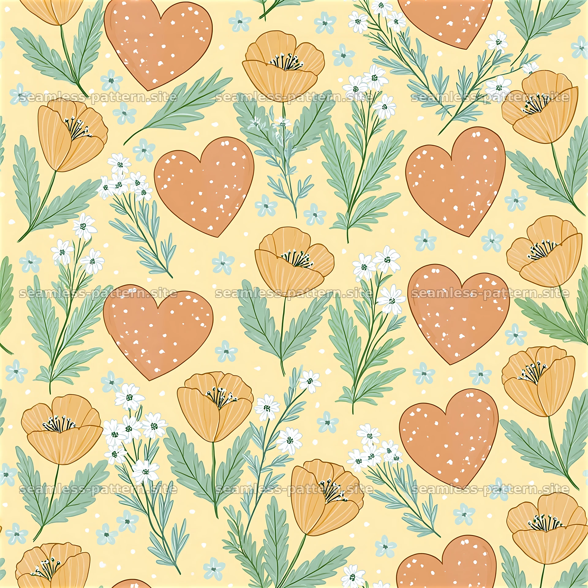Colorful seamless heart and flower pattern on a light background — seamless tileable pattern at 8192x8192