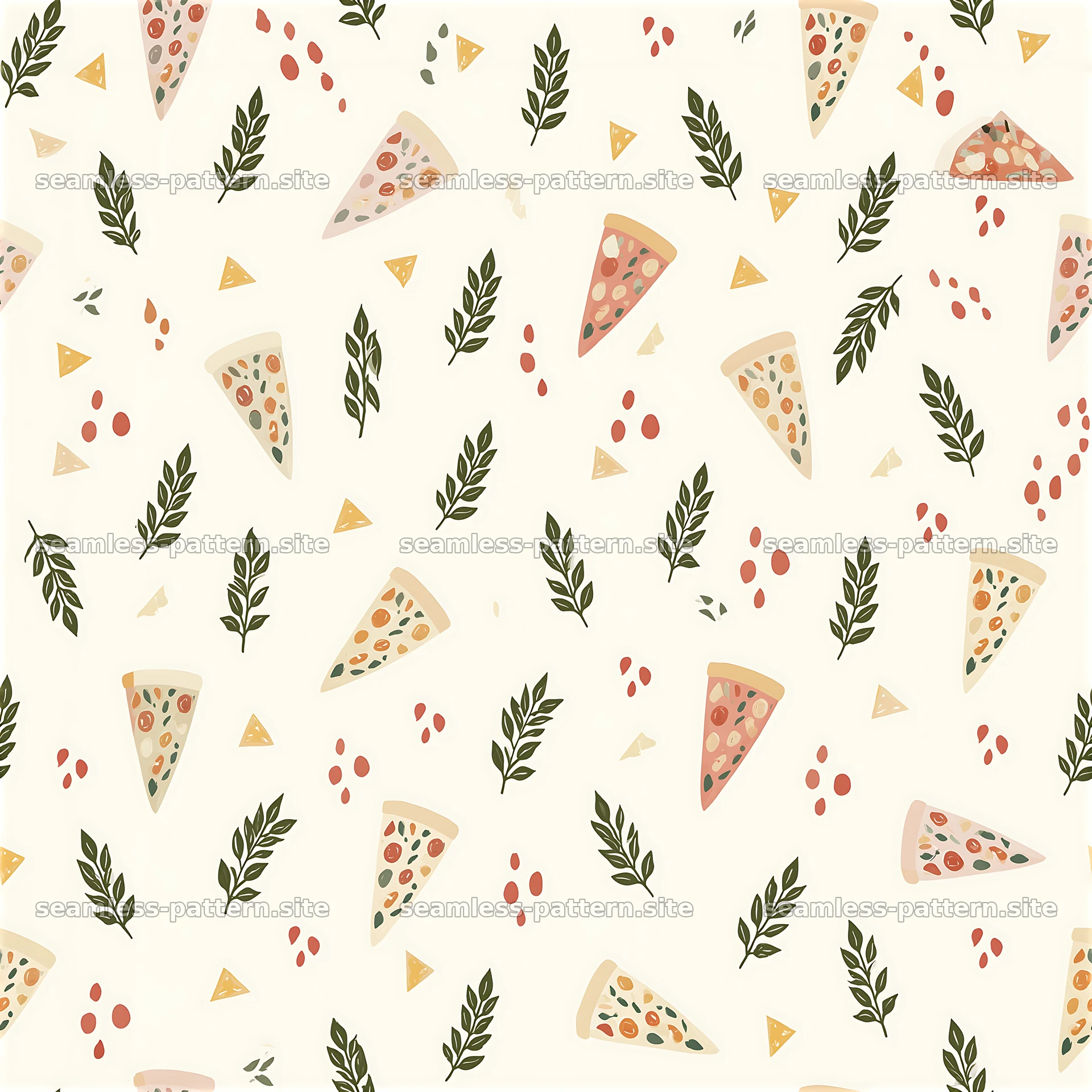 Colorful pizza slices with leaves in a seamless pattern design — seamless tileable pattern at 8192x8192