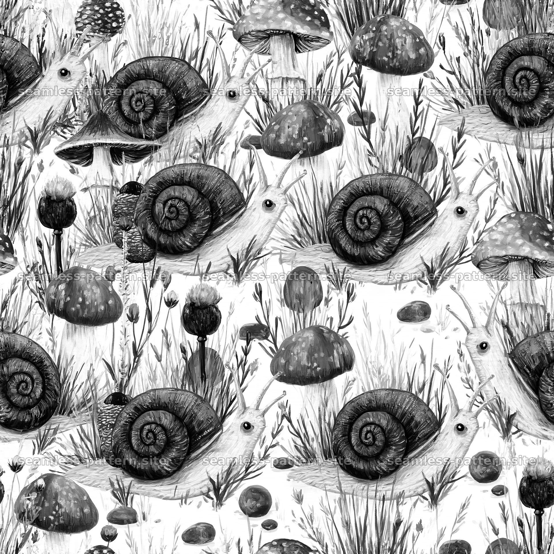 Seamless pattern featuring cute snails and mushrooms — seamless tileable pattern