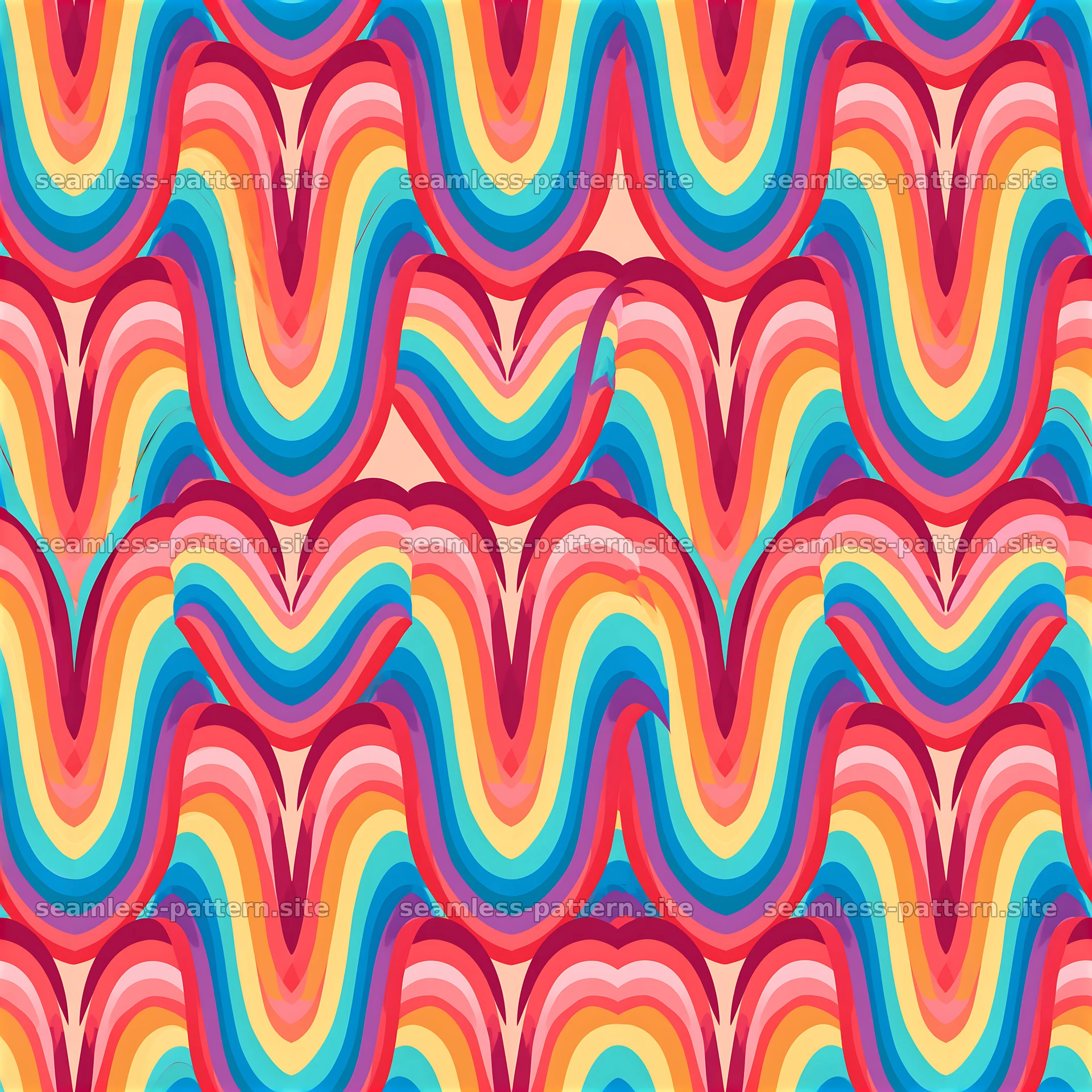 Colorful waves of hearts and rainbows in a seamless design — seamless tileable pattern at 8192x8192