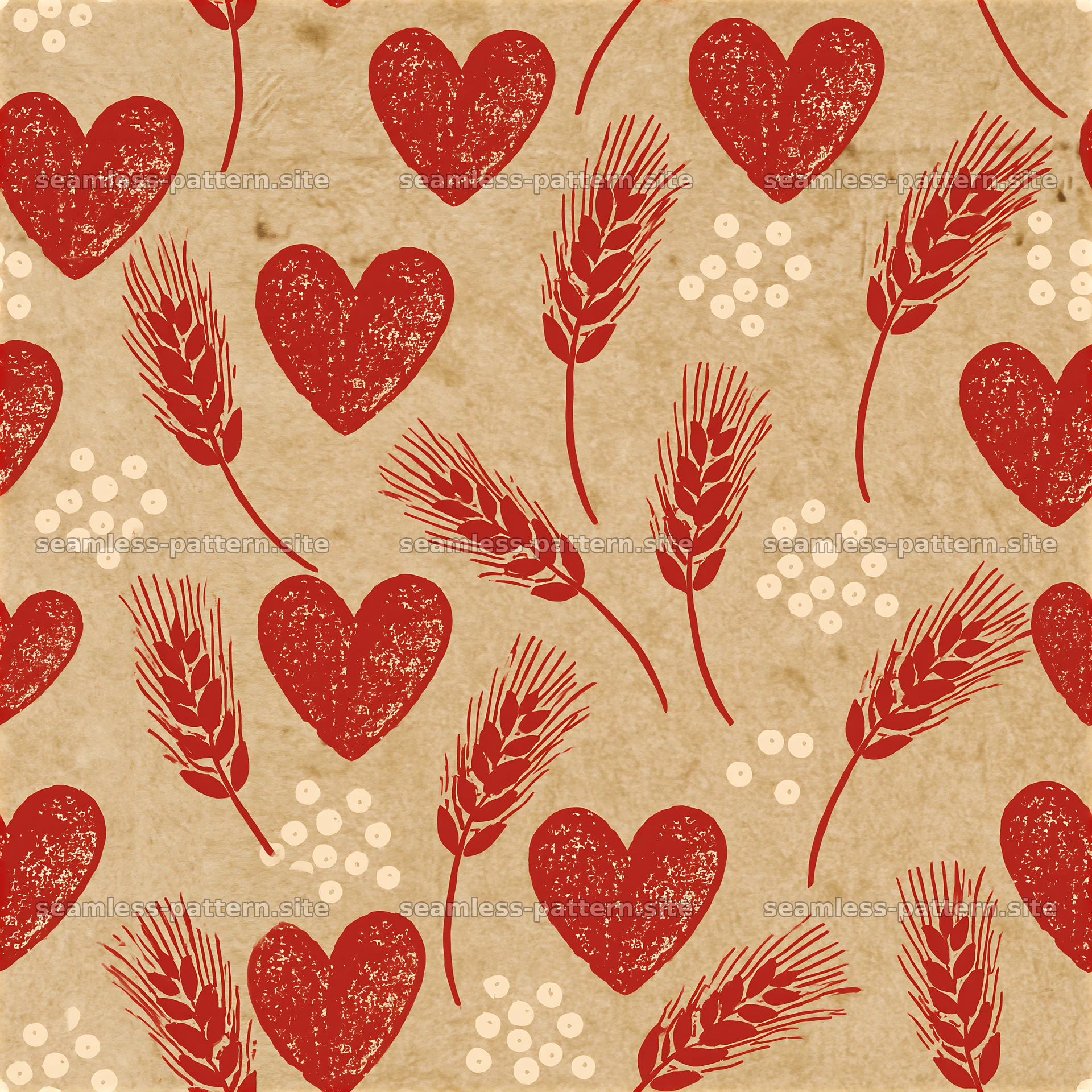 Seamless Red Heart and Wheat Pattern on Kraft Texture — seamless tileable pattern at 8192x8192
