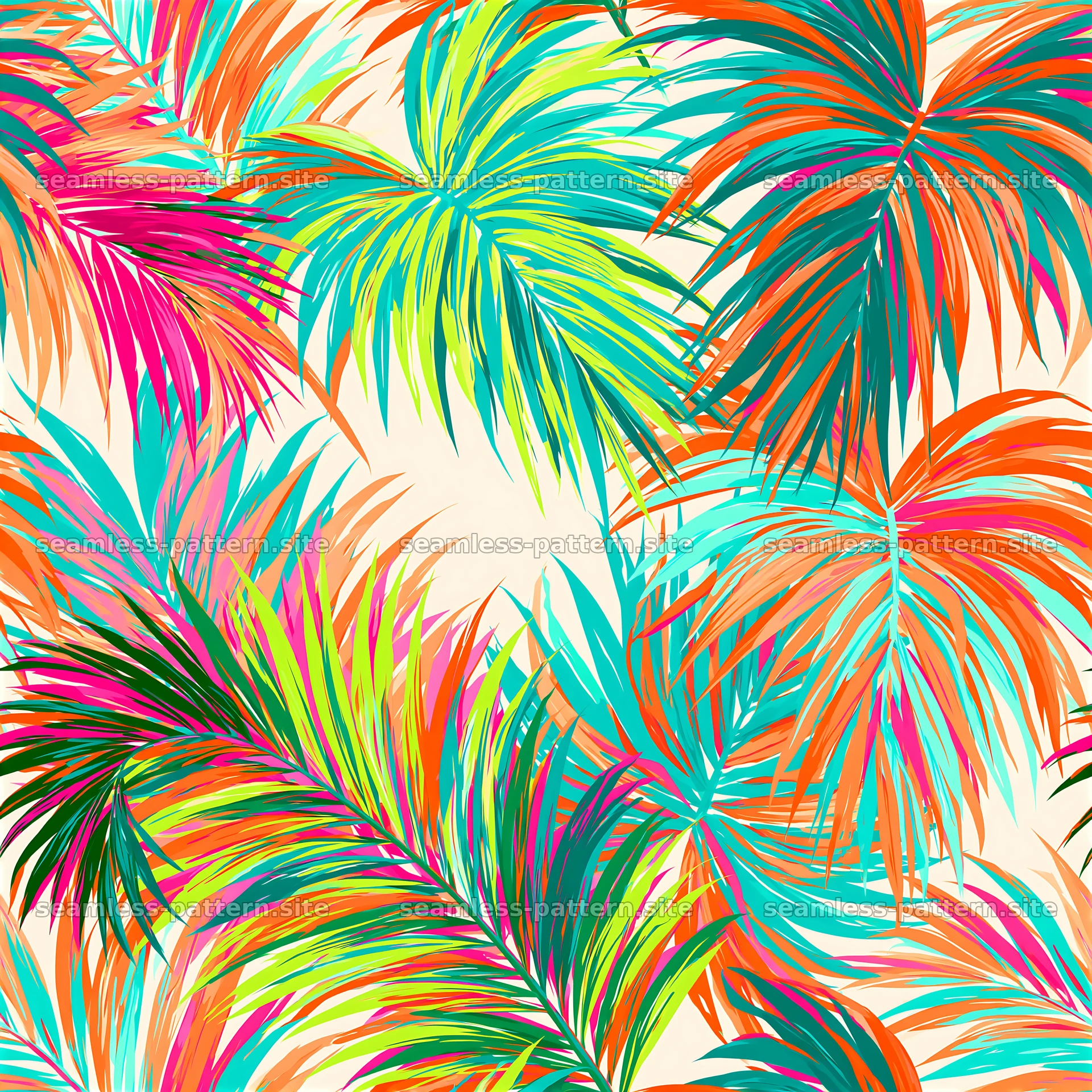 Bright palm leaves seamless pattern with vivid colors and dynamic shapes — seamless tileable pattern at 8192x8192