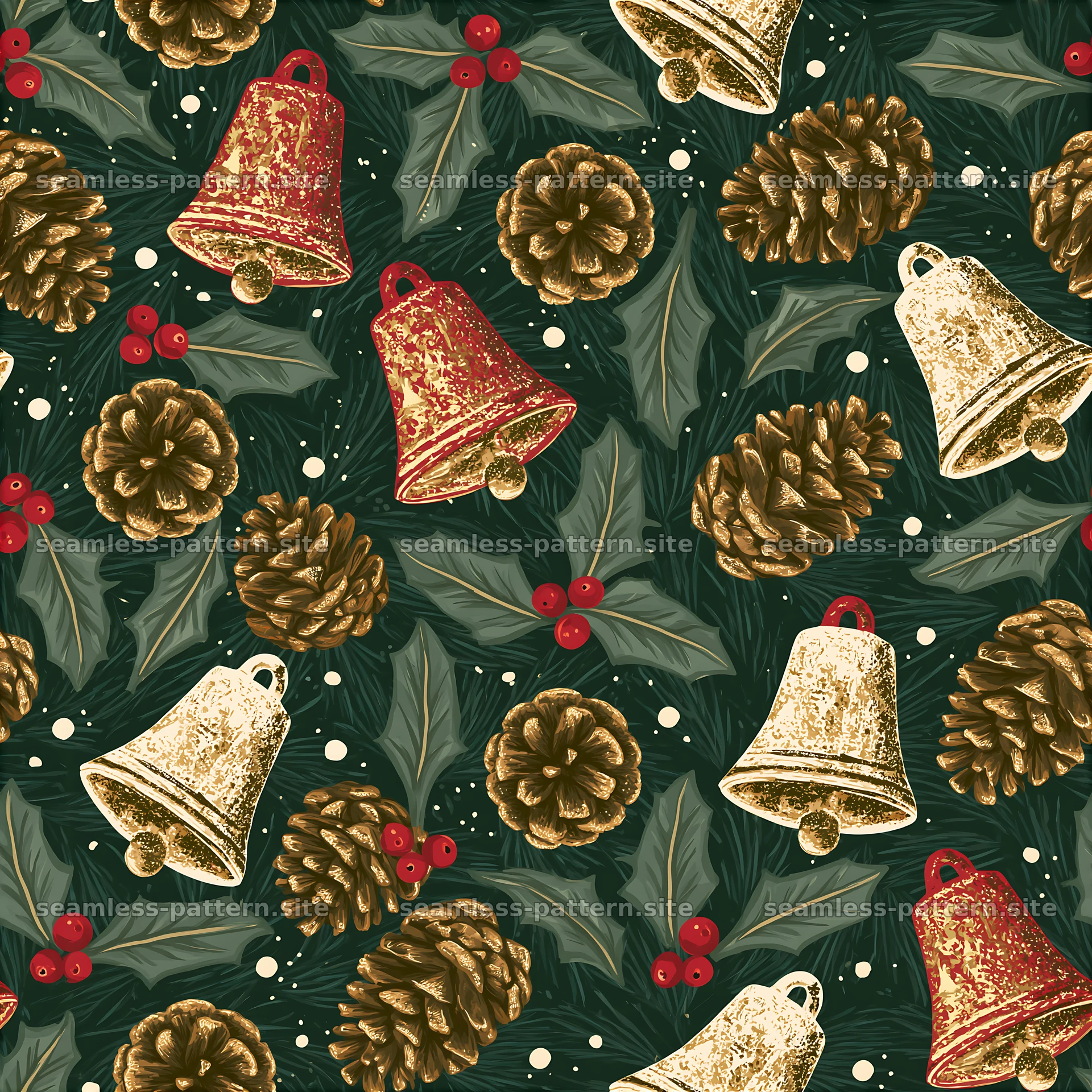Seamless rustic Christmas pattern with bells and pinecones — seamless tileable pattern at 8192x8192