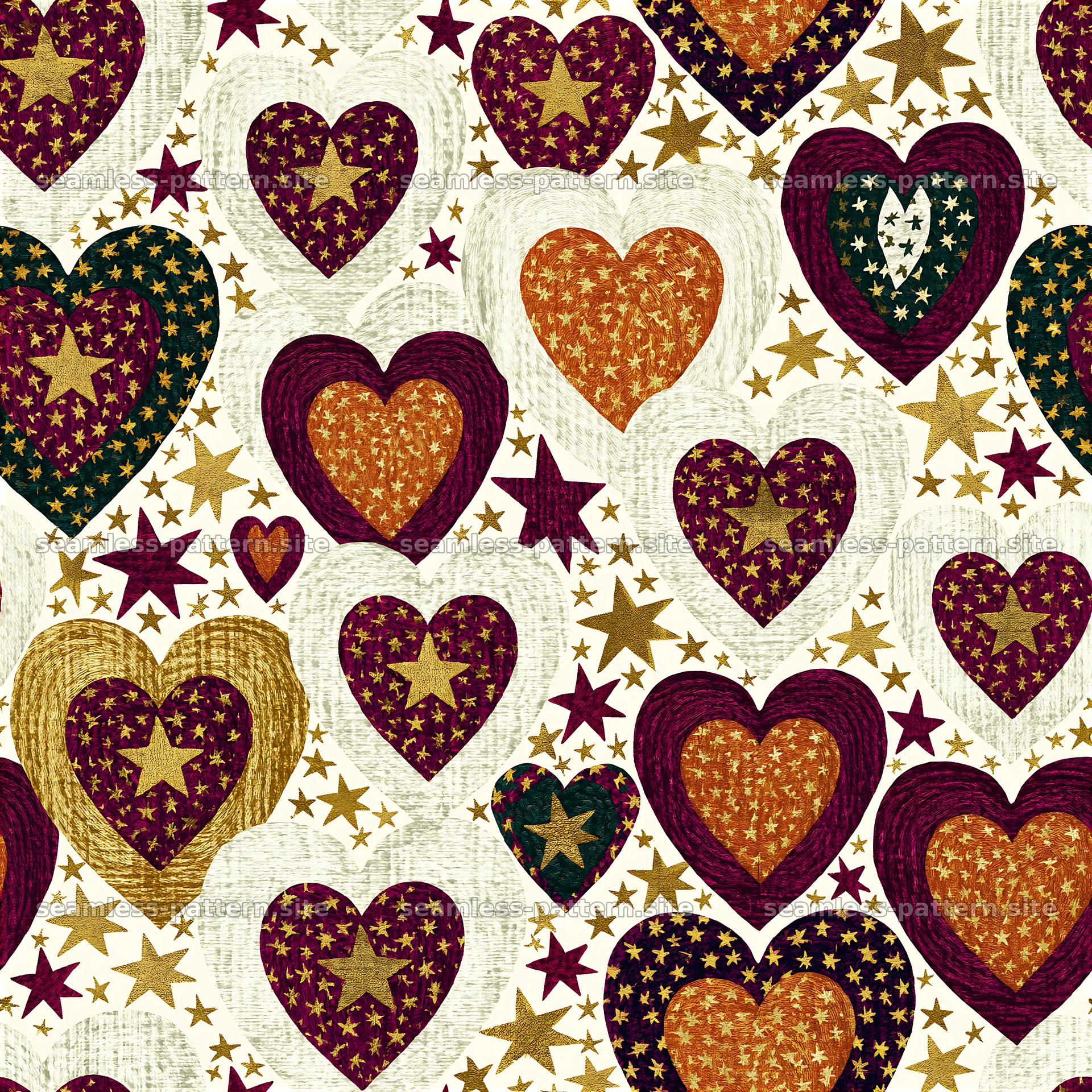 Seamless Heart and Star Pattern in Burgundy and Gold — seamless tileable pattern at 8192x8192