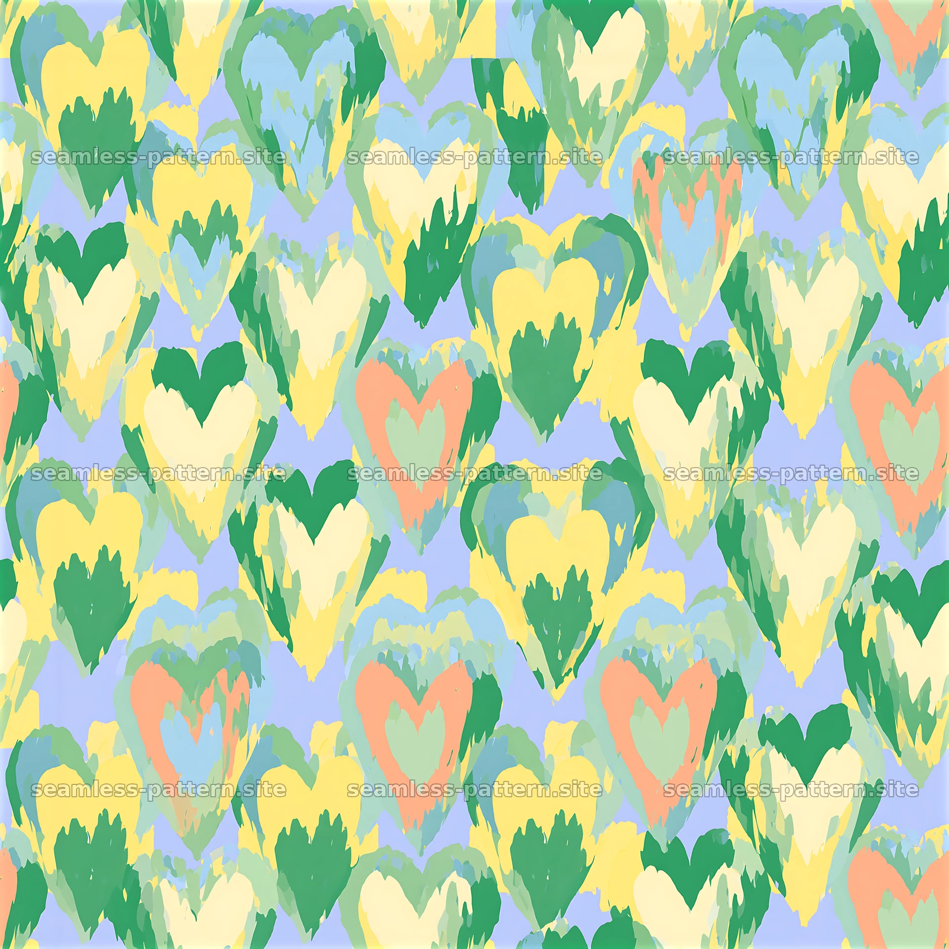 Colorful heart shapes in a seamless layout with green and pastel hues — seamless tileable pattern at 8192x8192
