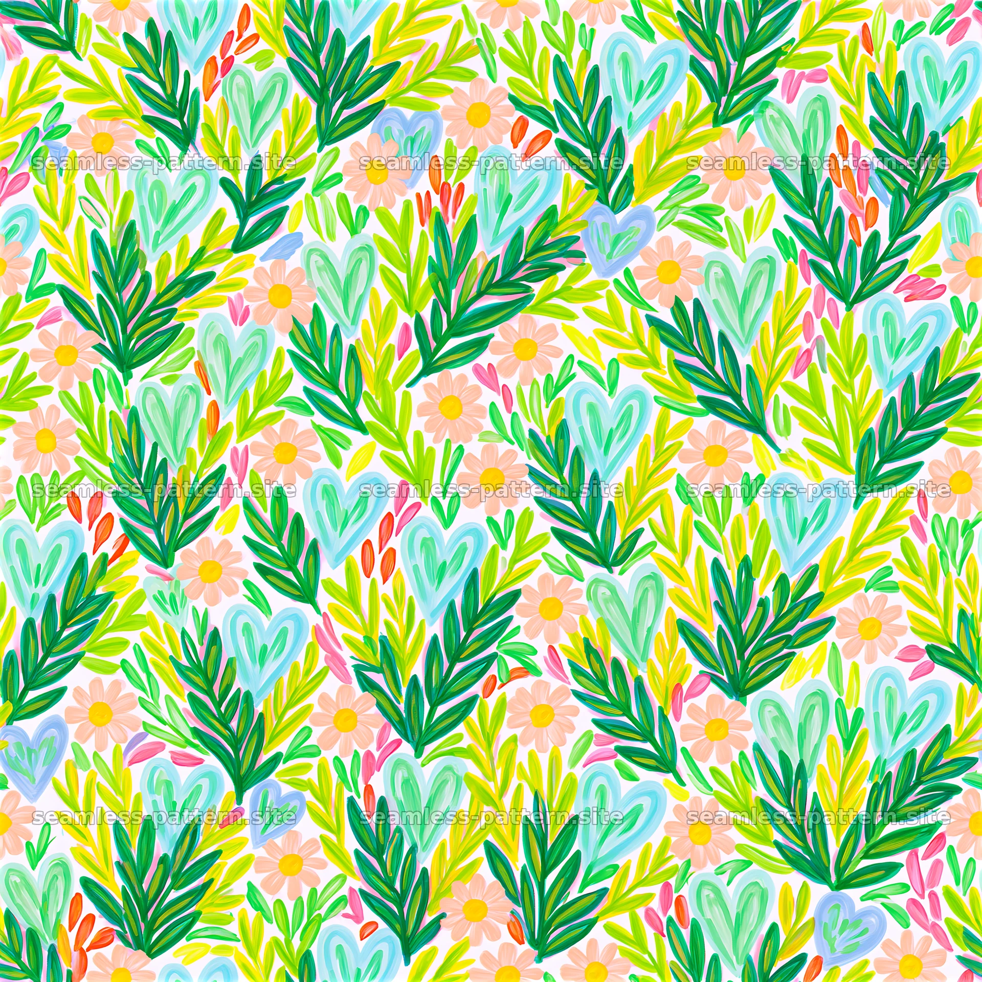 Colorful Heart and Flower Botanical Seamless Pattern — seamless tileable pattern at 8192x8192