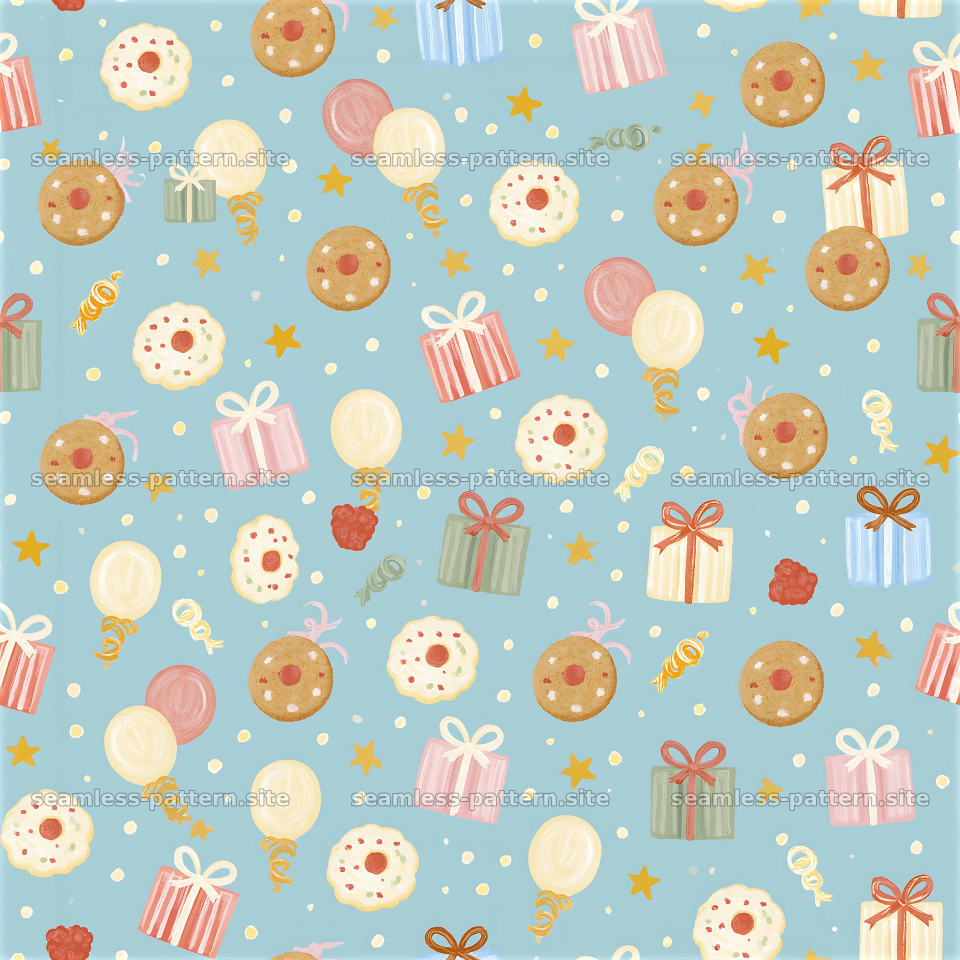 Colorful birthday themed seamless pattern with gifts and treats — seamless tileable pattern at 8192x8192