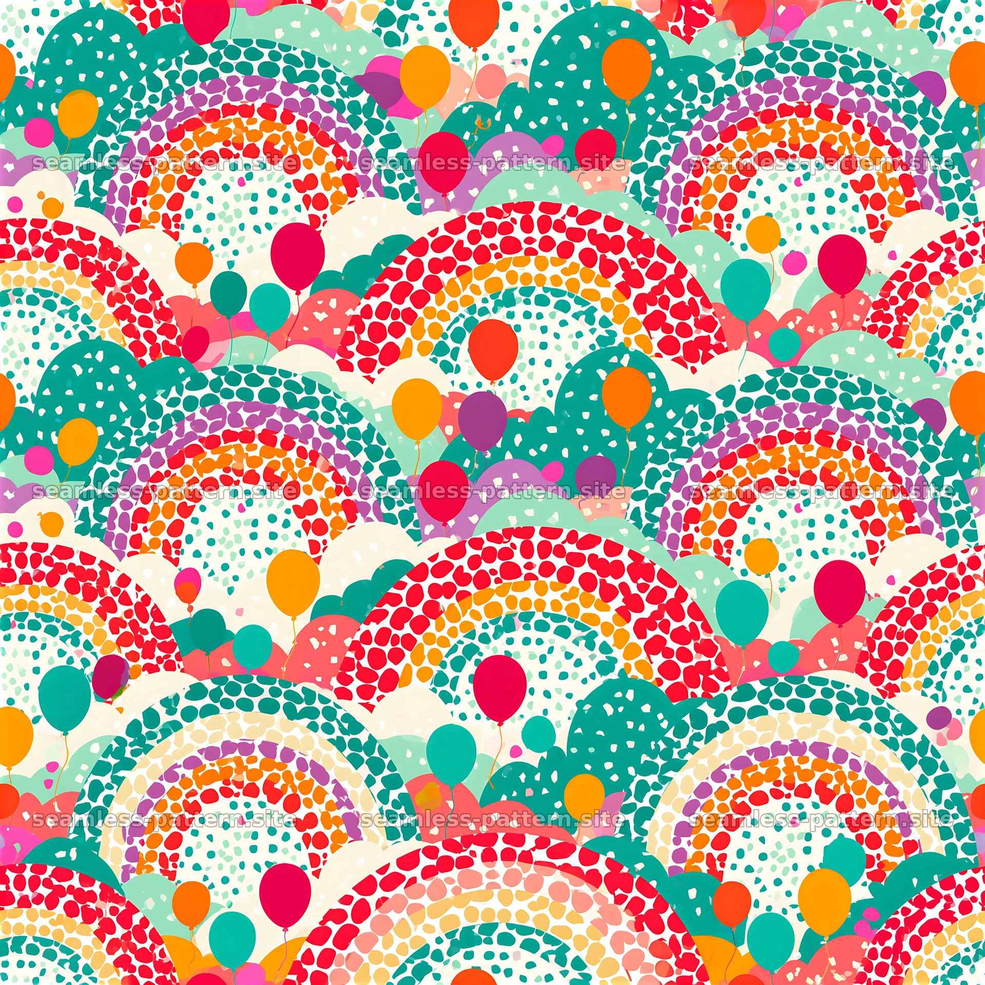 Colorful playful seamless pattern with rainbows and balloons — seamless tileable pattern at 8192x8192