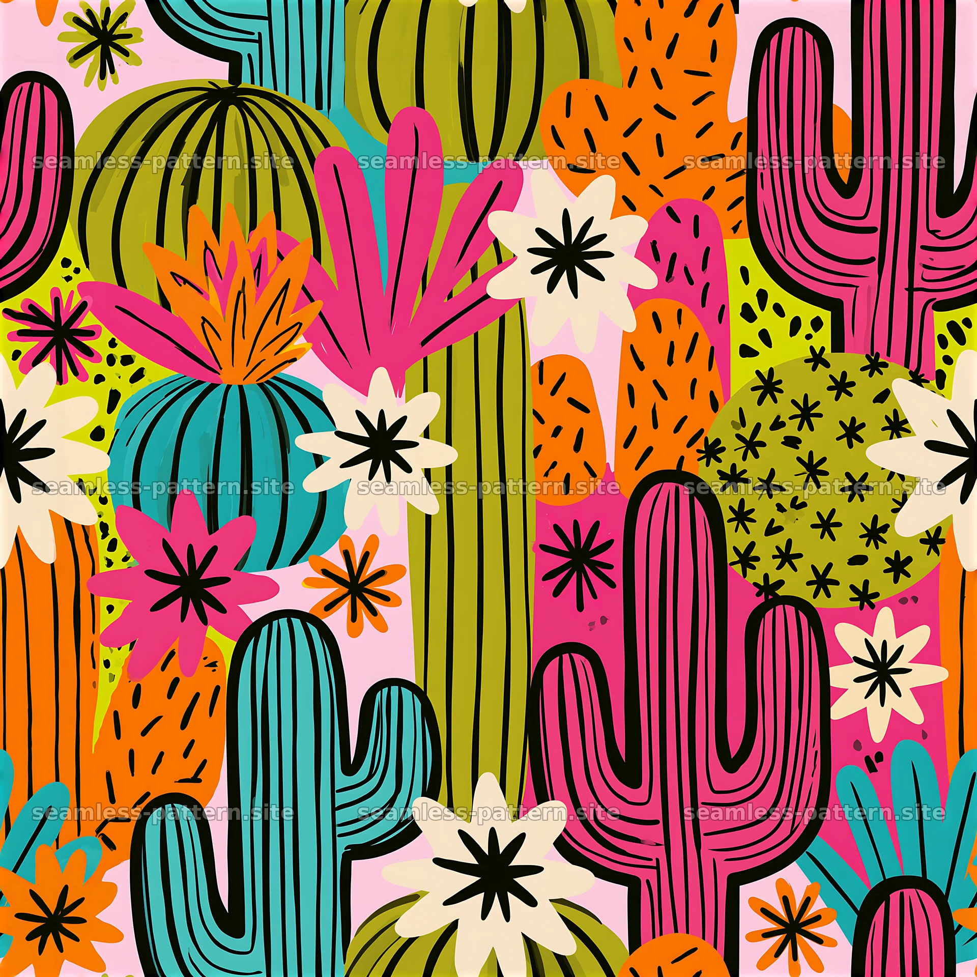 Colorful desert plants with bold shapes and bright colors — seamless tileable pattern at 8192x8192
