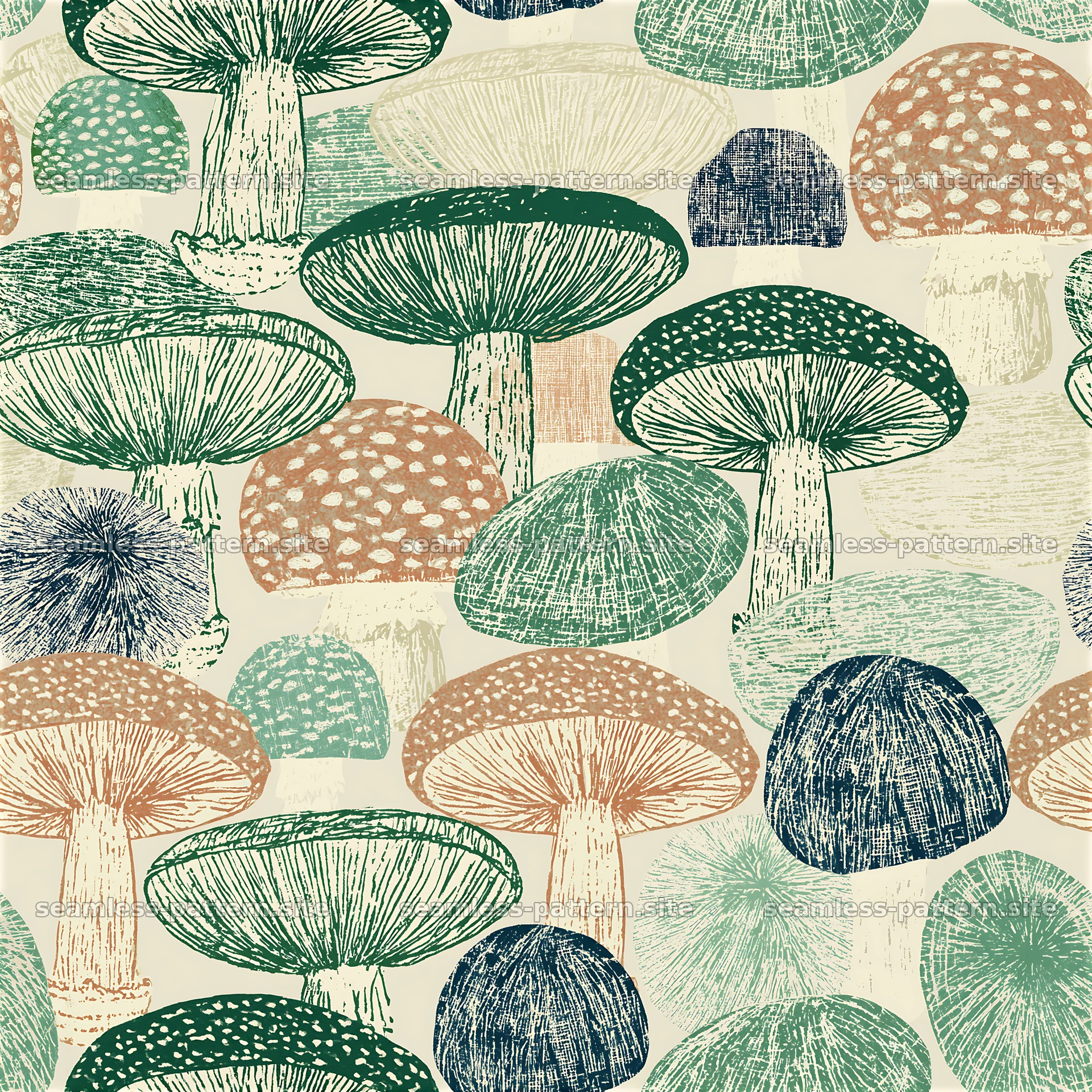 Colorful Mushroom Seamless Pattern with Hand-Drawn Texture — seamless tileable pattern at 8192x8192