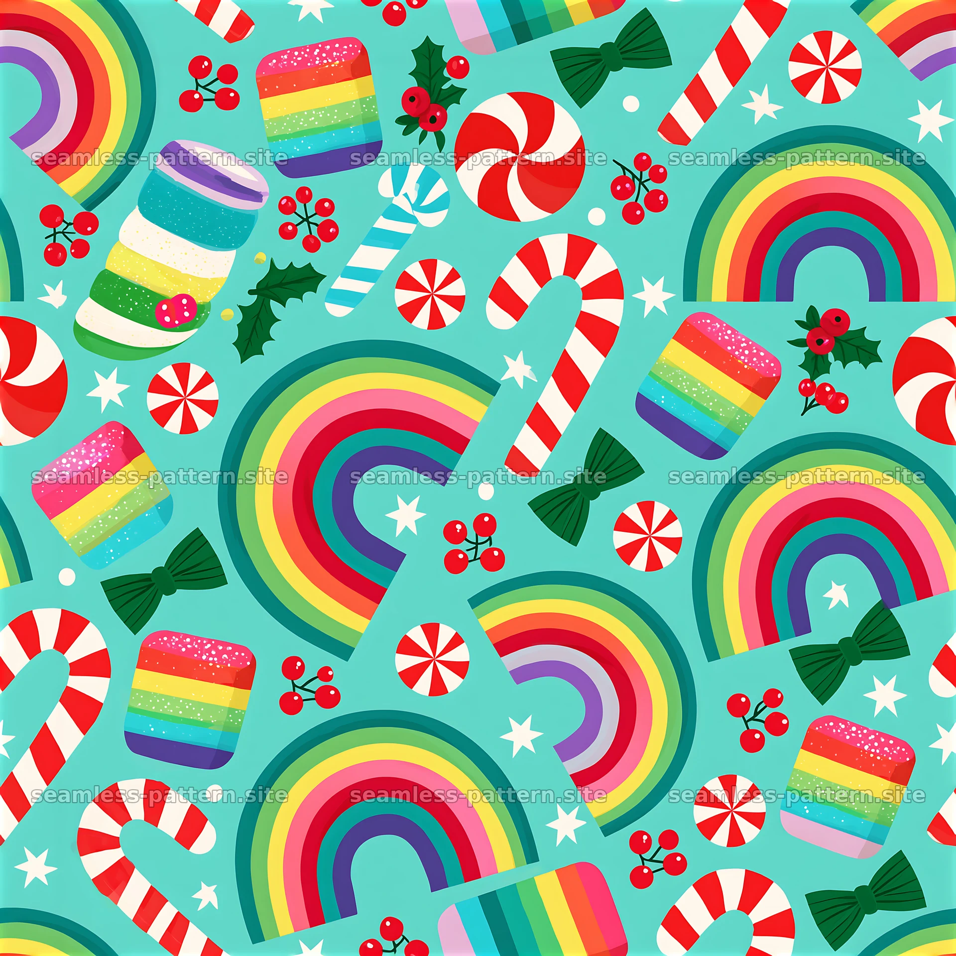 Colorful Christmas seamless pattern with rainbow candy featuring festive motifs — seamless tileable pattern at 8192x8192