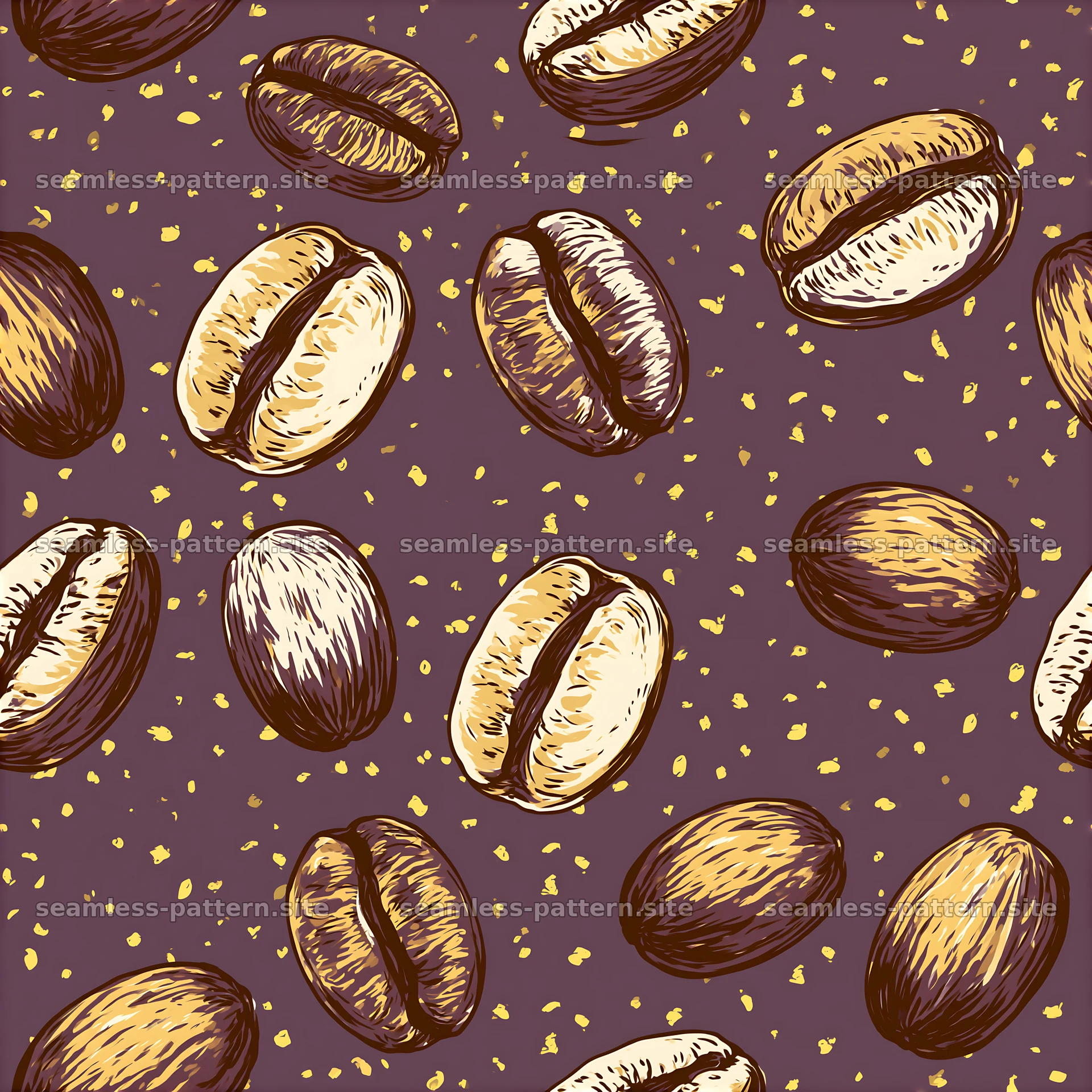 Seamless coffee bean pattern with gold specks on dark background — seamless tileable pattern at 8192x8192