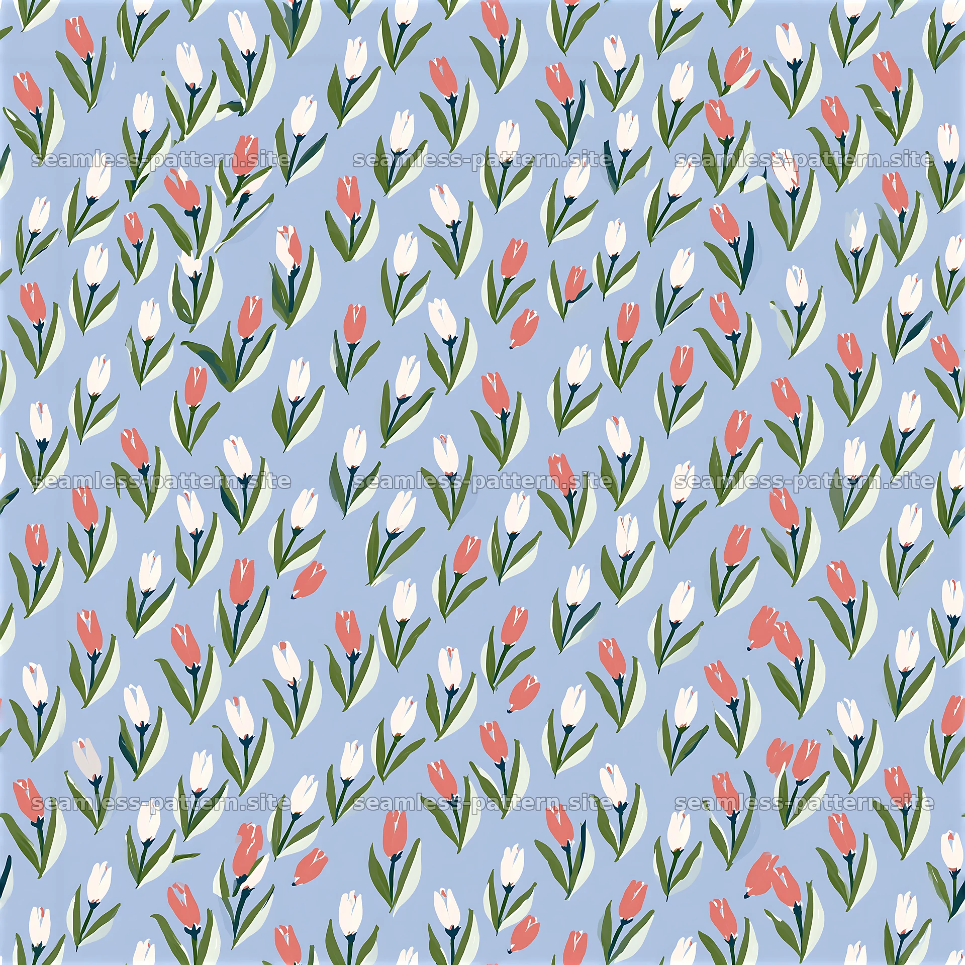Colorful tulips scattered across a light blue background — seamless tileable pattern at 8192x8192