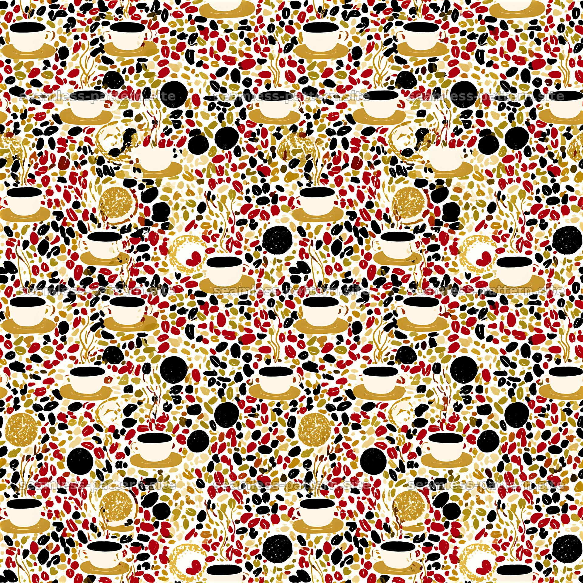 Colorful seamless pattern of coffee cups and coffee beans — seamless tileable pattern at 8192x8192